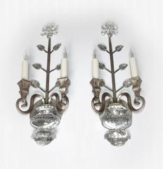 Pair of Baguès Style French Crystal Silver Gilt Flower Wall Sconces