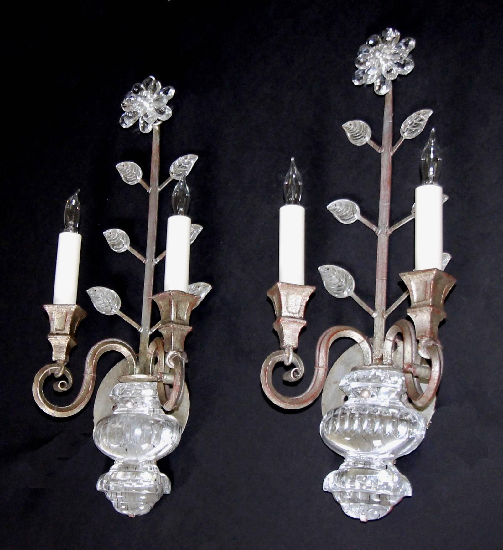 Late 20th Century Pair of Baguès Style French Crystal Silver Gilt Flower Wall Sconces