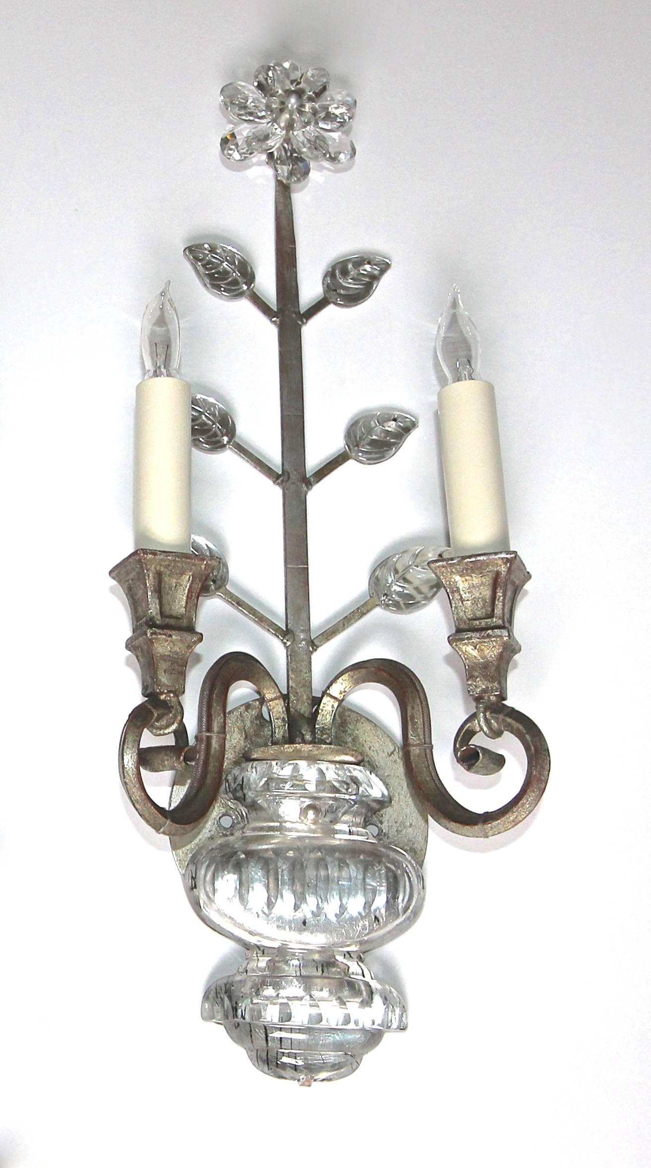 Italian Pair of Baguès Style French Crystal Silver Gilt Flower Wall Sconces