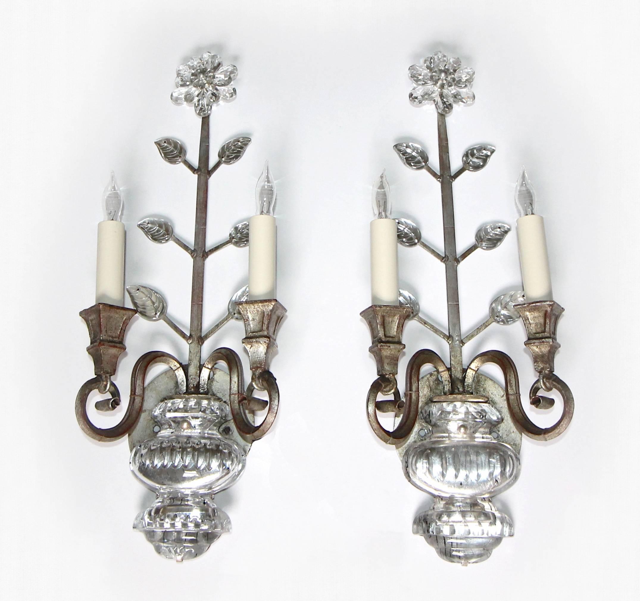 Pair of Baguès Style French Crystal Silver Gilt Flower Wall Sconces 5