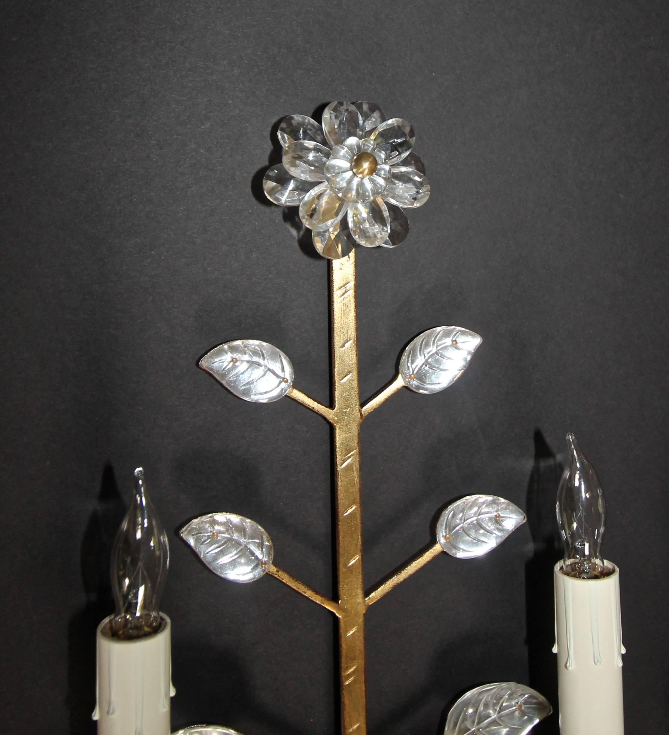 Metal Pair of Baguès Style French Crystal Gilt Flower Wall Sconces