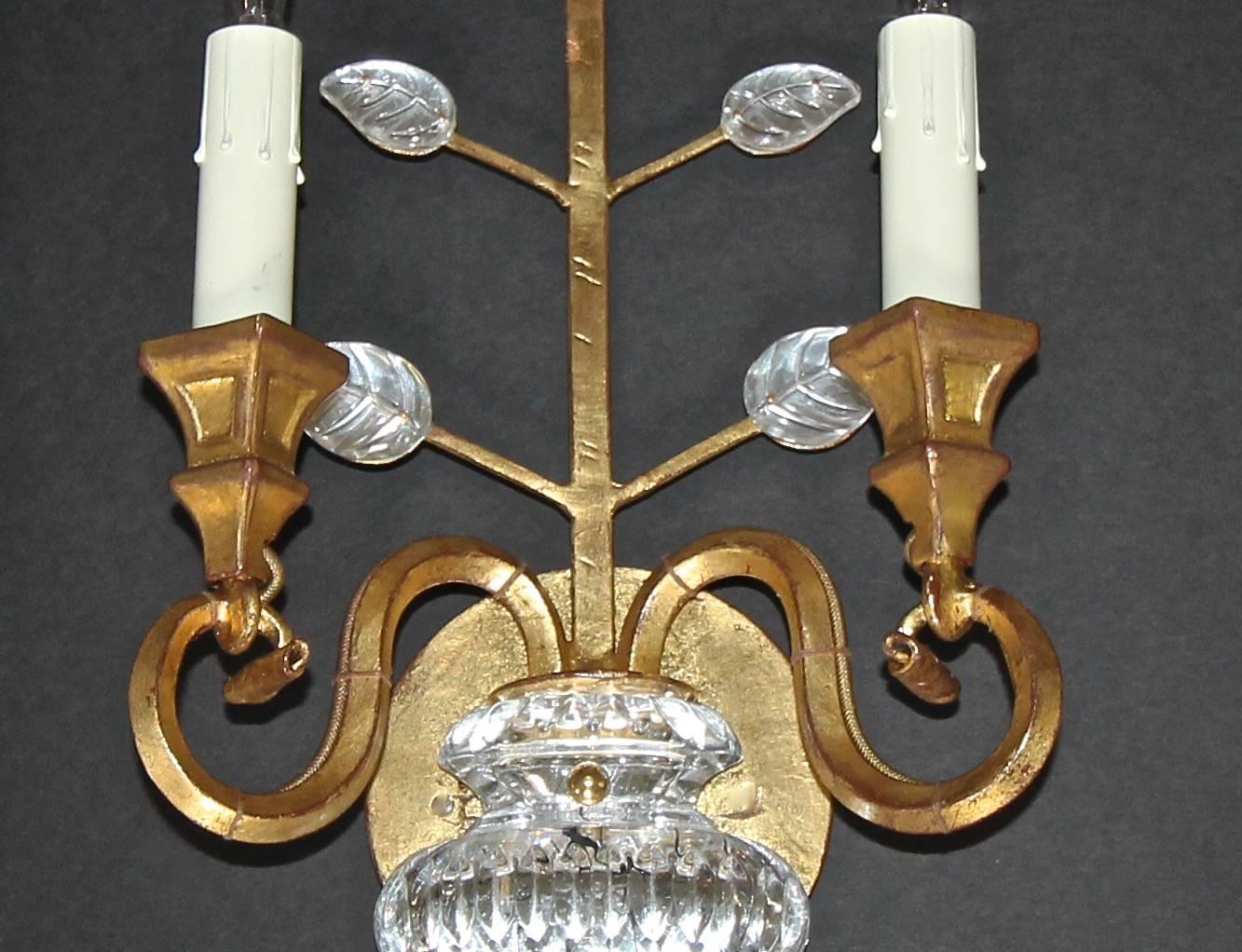 Pair of Baguès Style French Crystal Gilt Flower Wall Sconces 1