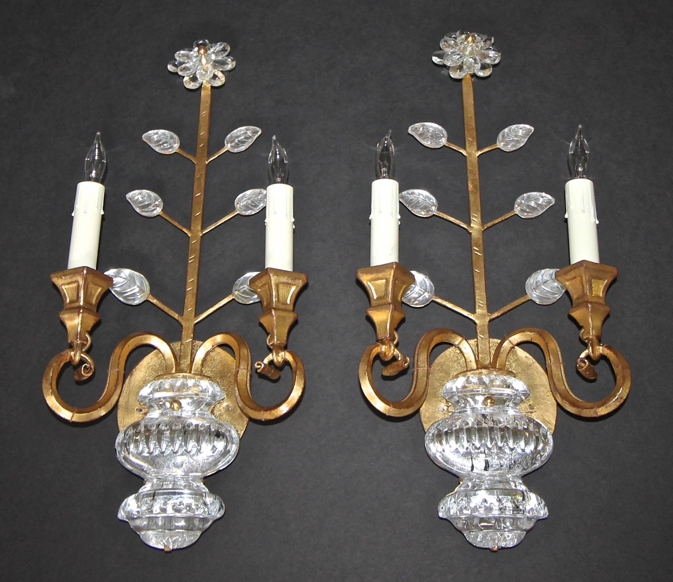 Pair of Baguès Style French Crystal Gilt Flower Wall Sconces 4