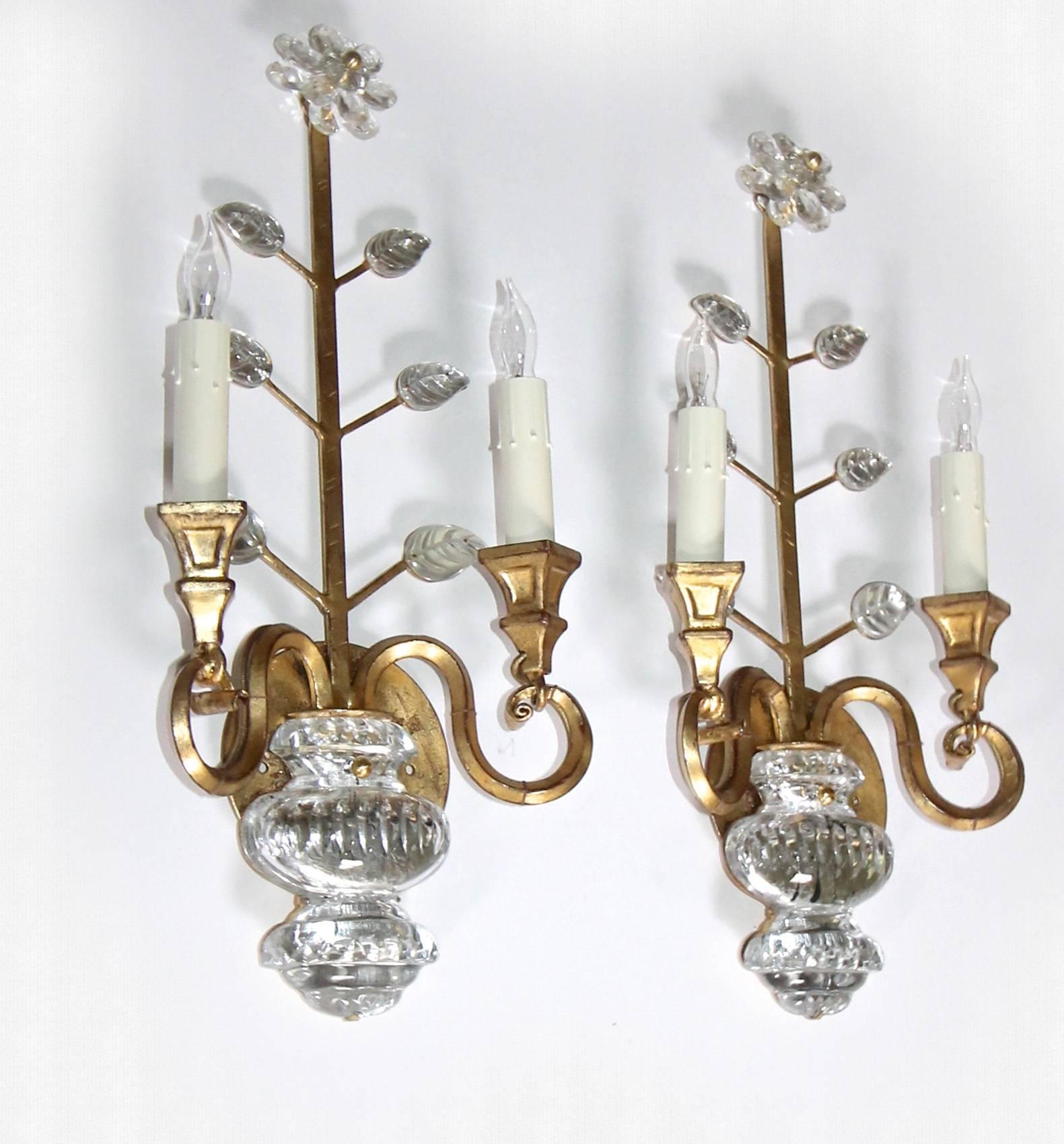 Italian Pair of Baguès Style French Crystal Gilt Flower Wall Sconces