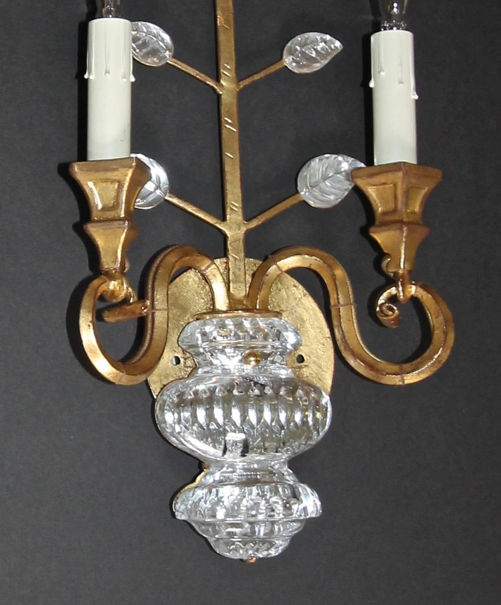 Pair of Baguès Style French Crystal Gilt Flower Wall Sconces 2