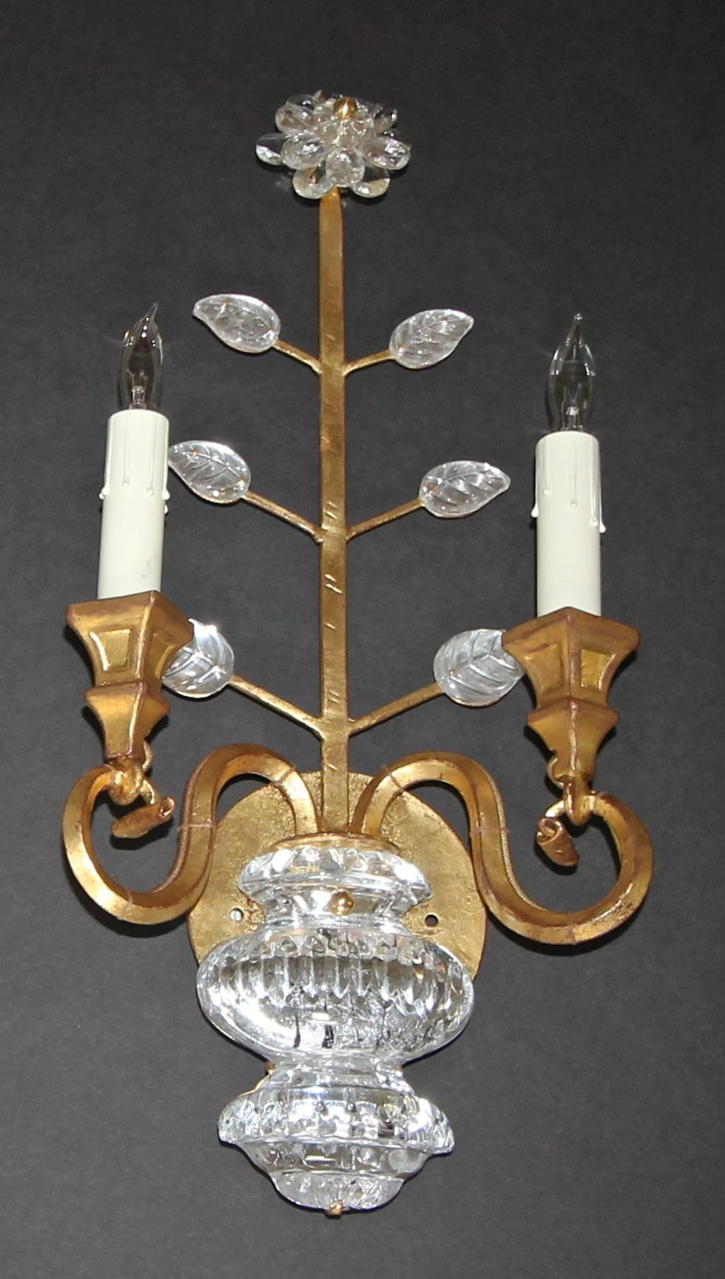 Late 20th Century Pair of Baguès Style French Crystal Gilt Flower Wall Sconces