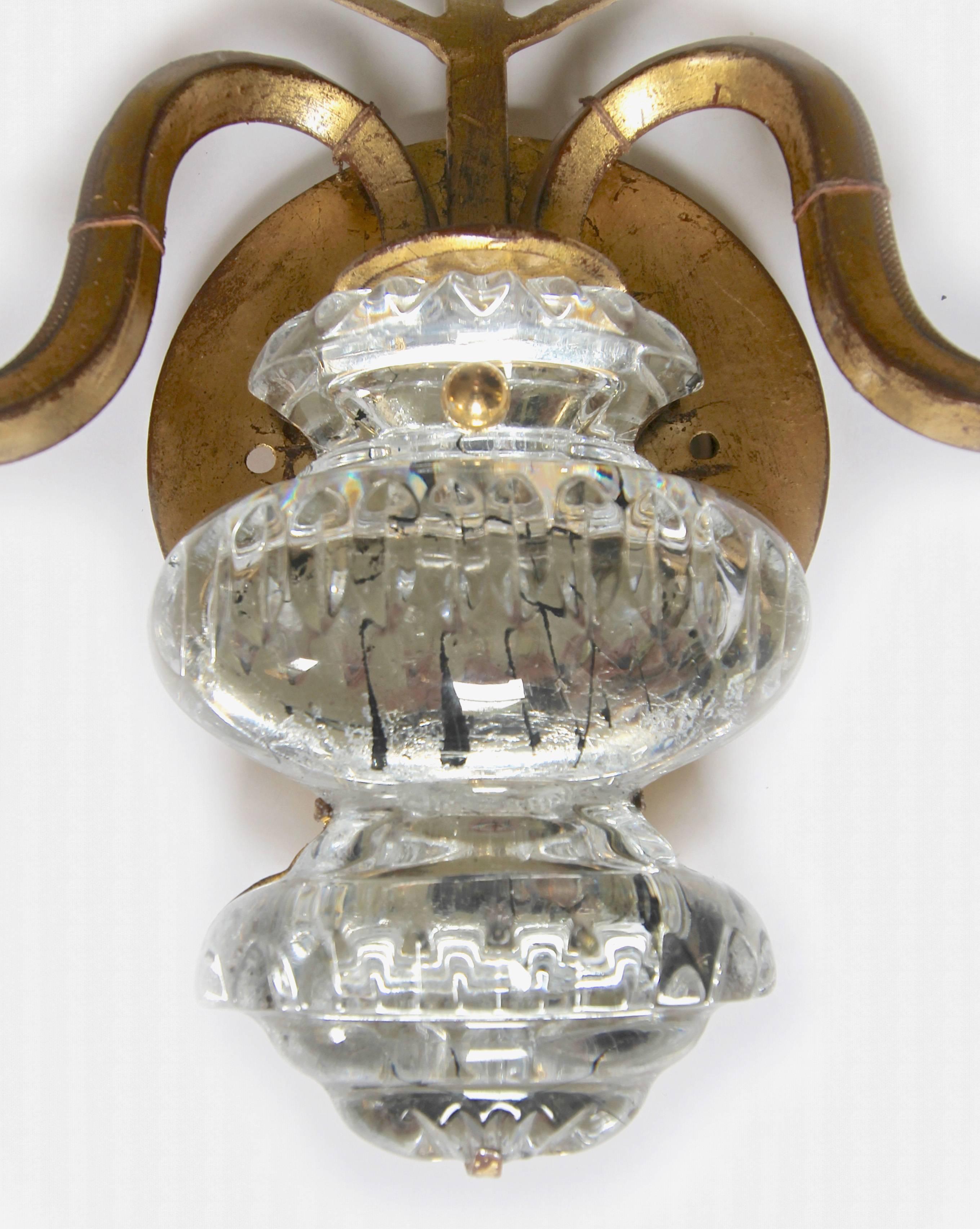 Pair of Baguès Style French Crystal Gilt Flower Wall Sconces 3