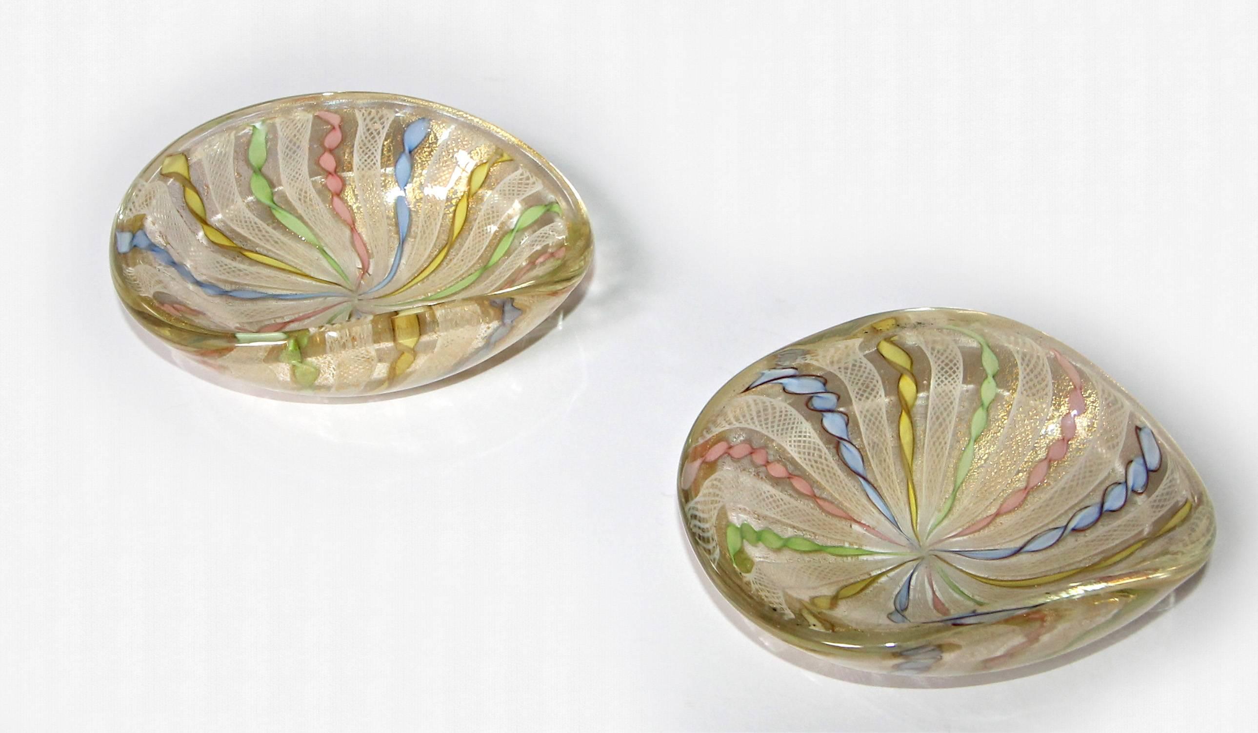 Blown Glass Pair of Murano Latticino Ribbons Glass Bowls For Sale