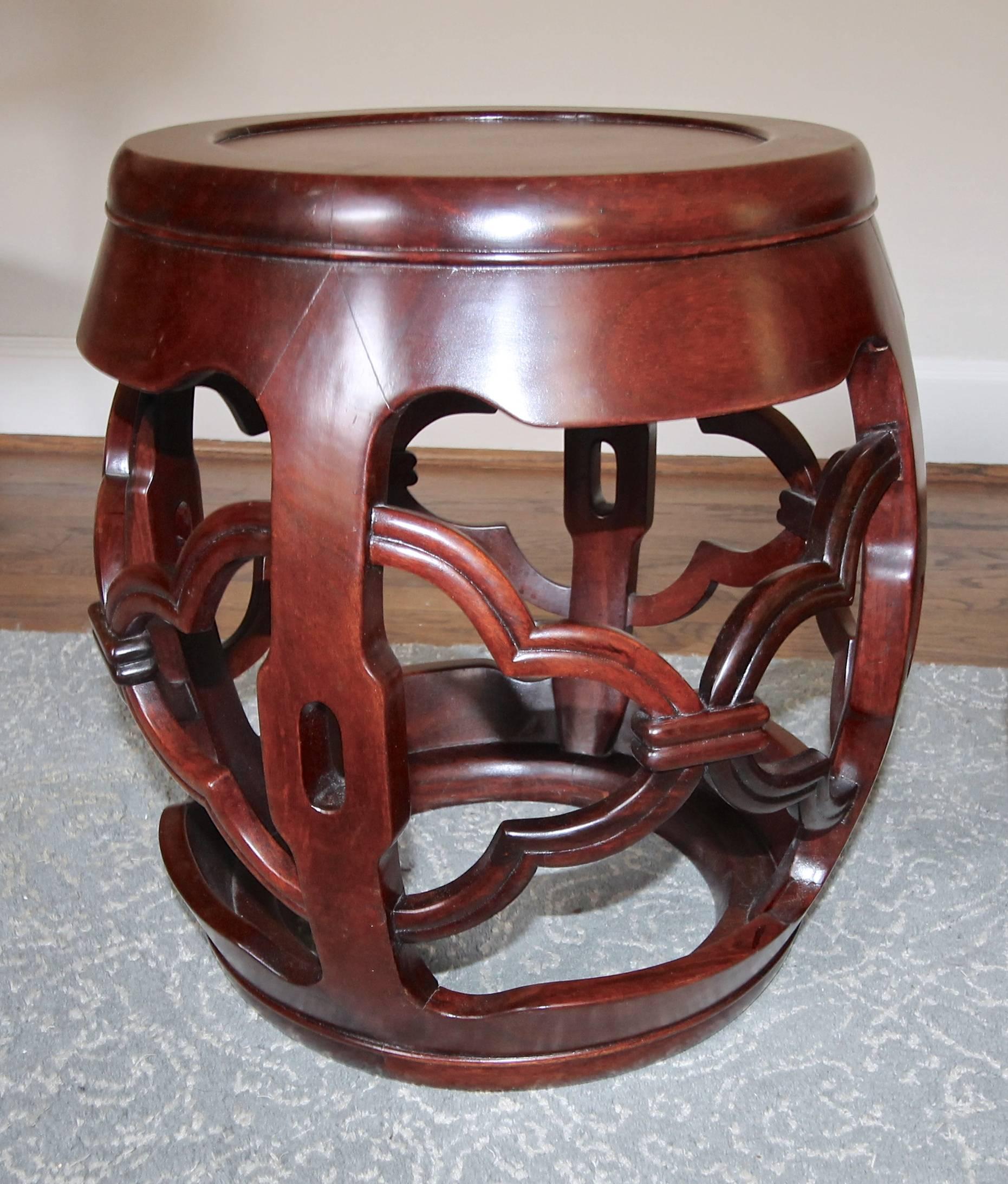 Pair of Vintage Chinese Asian Hardwood Garden Seat Stools In Fair Condition For Sale In Palm Springs, CA