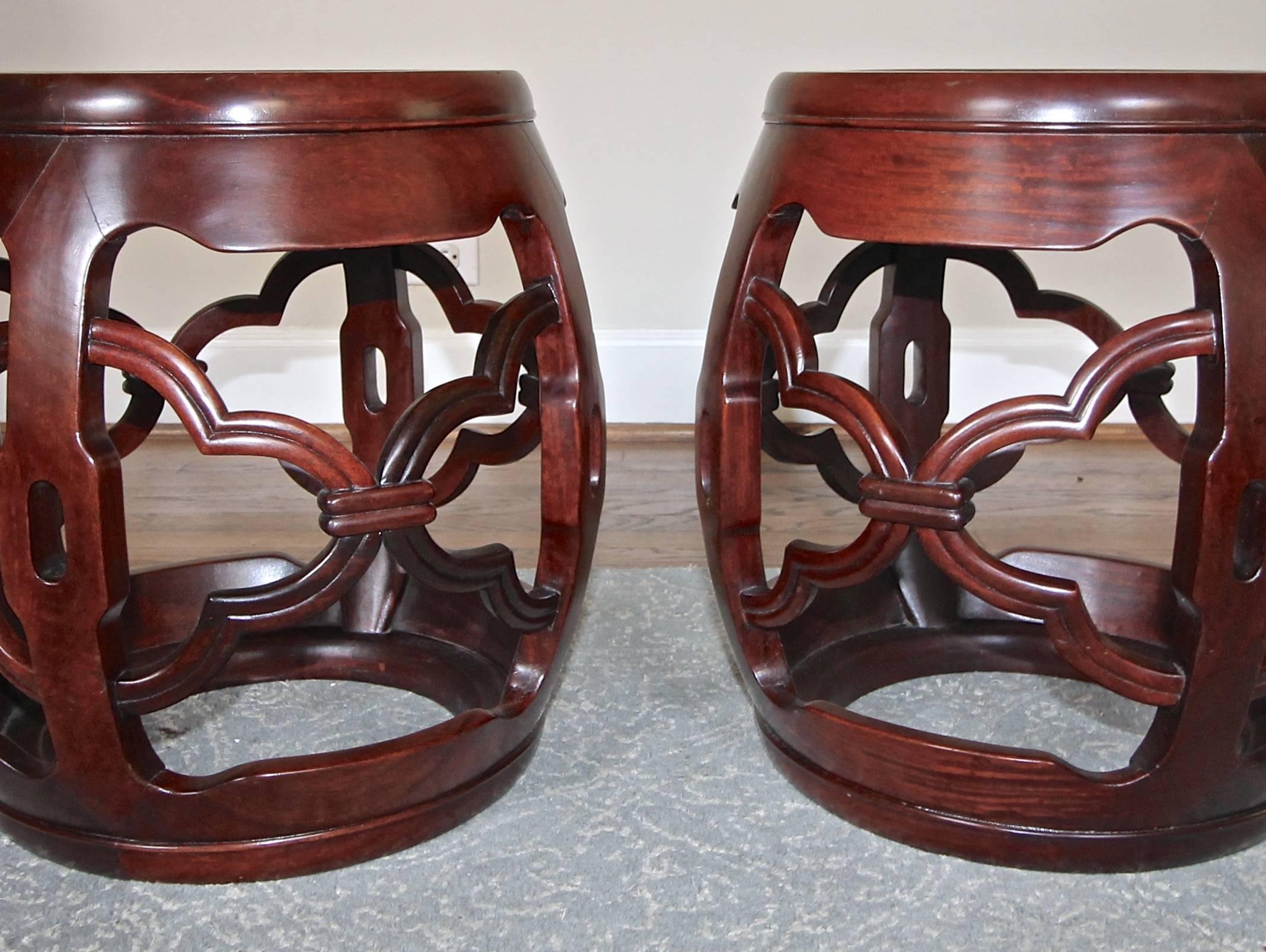 Pair of Vintage Chinese Asian Hardwood Garden Seat Stools For Sale 1