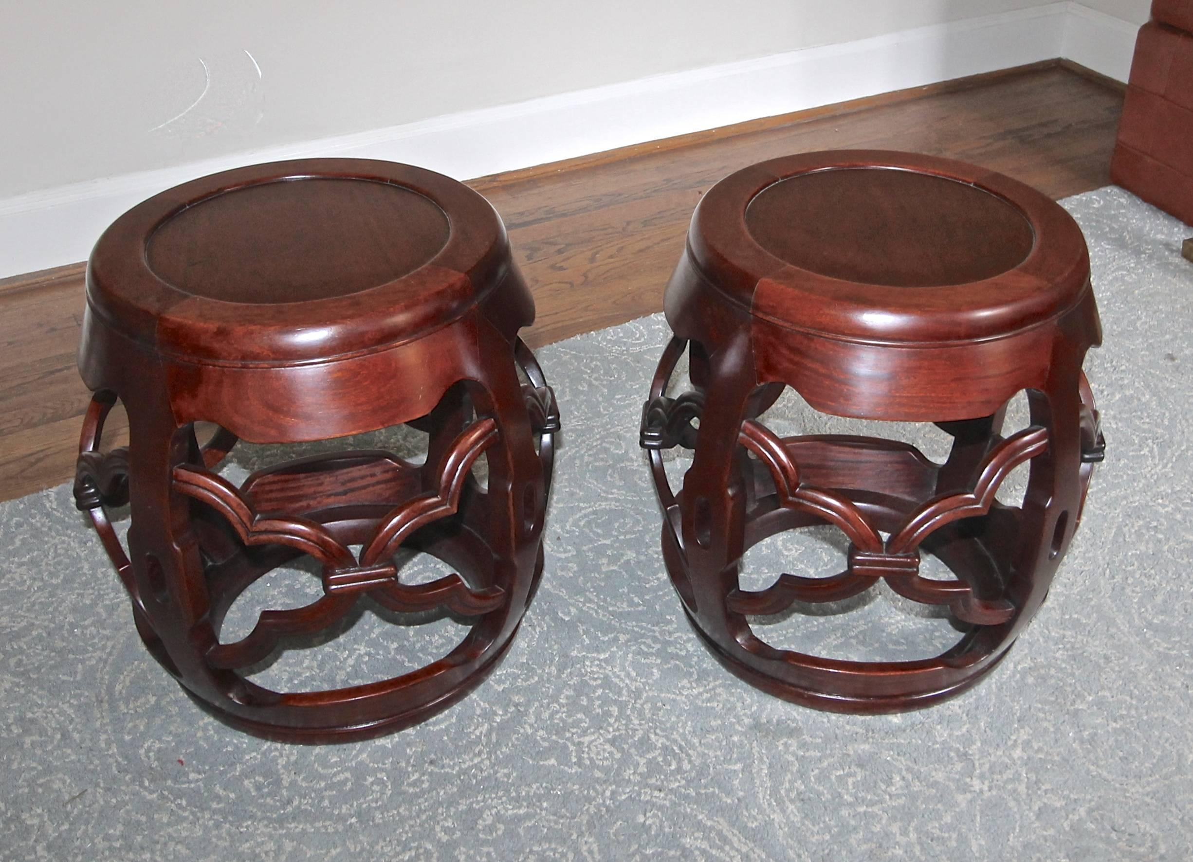 Pair of Vintage Chinese Asian Hardwood Garden Seat Stools For Sale 3