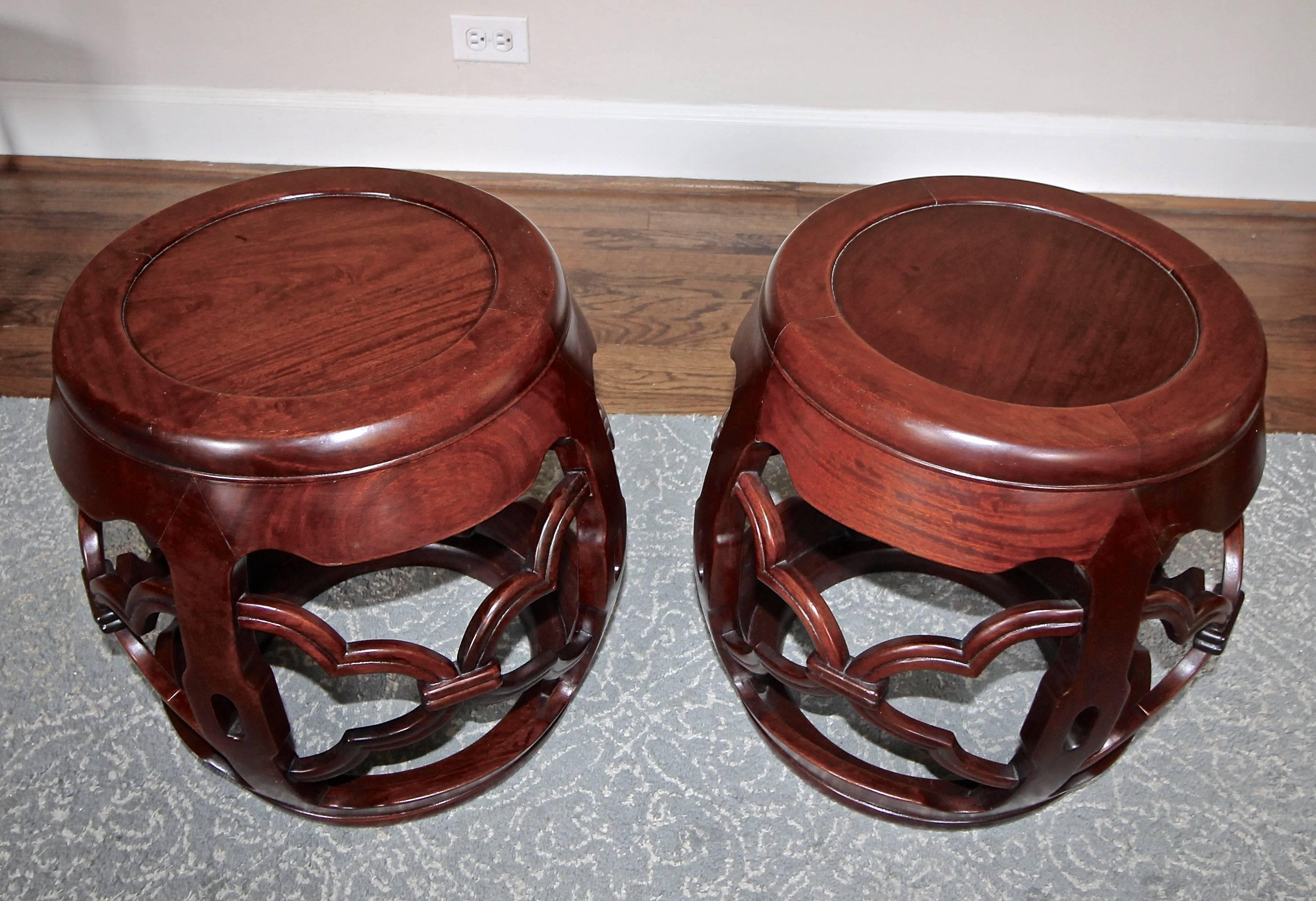 Pair of Vintage Chinese Asian Hardwood Garden Seat Stools For Sale 5