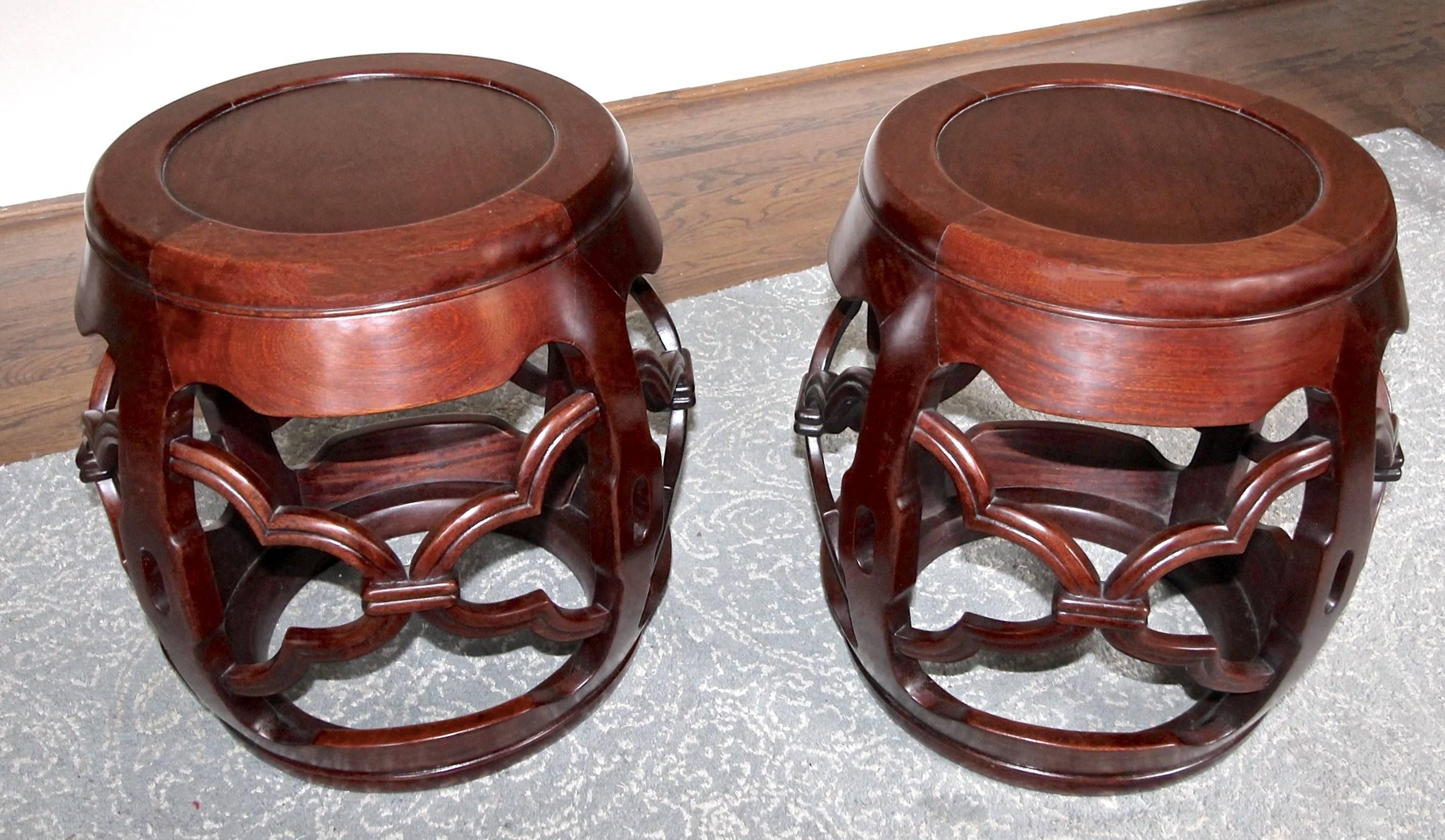 Wood Pair of Vintage Chinese Asian Hardwood Garden Seat Stools For Sale