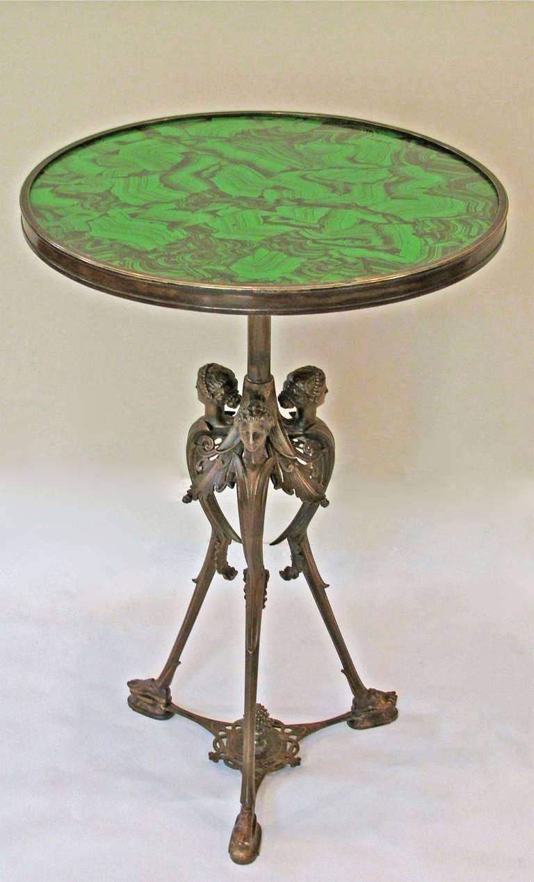 French Bronze Neoclassic Faux Malachite Side Table In Excellent Condition In Palm Springs, CA