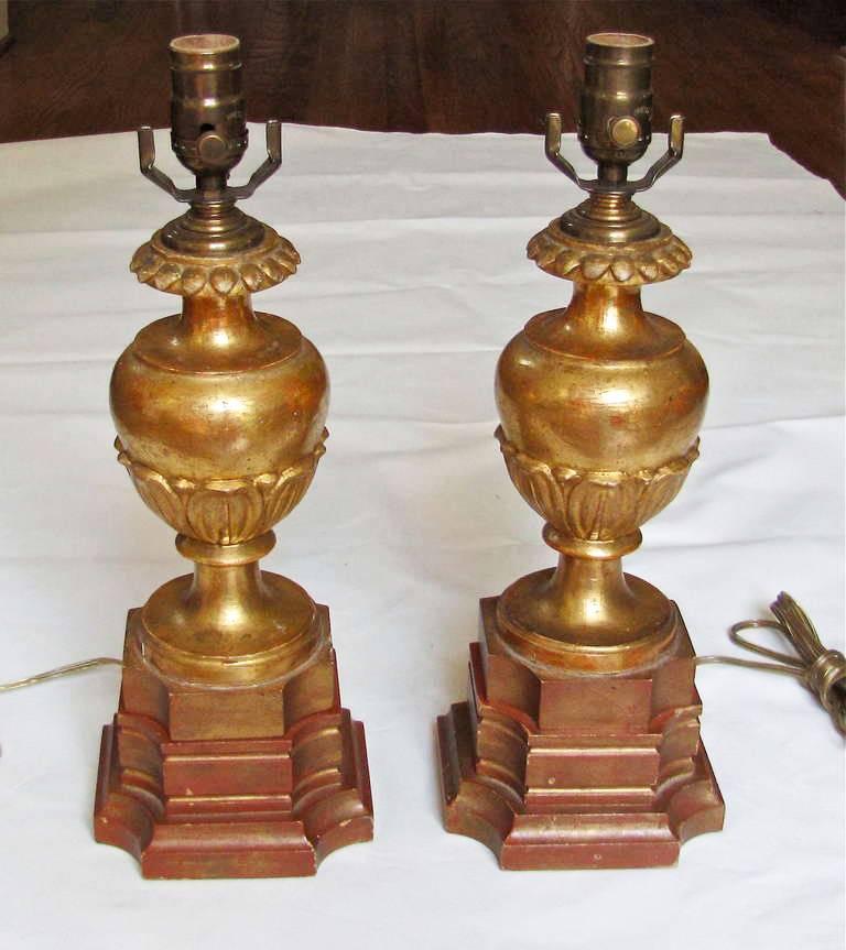 20th Century Pair of Italian Carved Wood Water Gilt Lamps