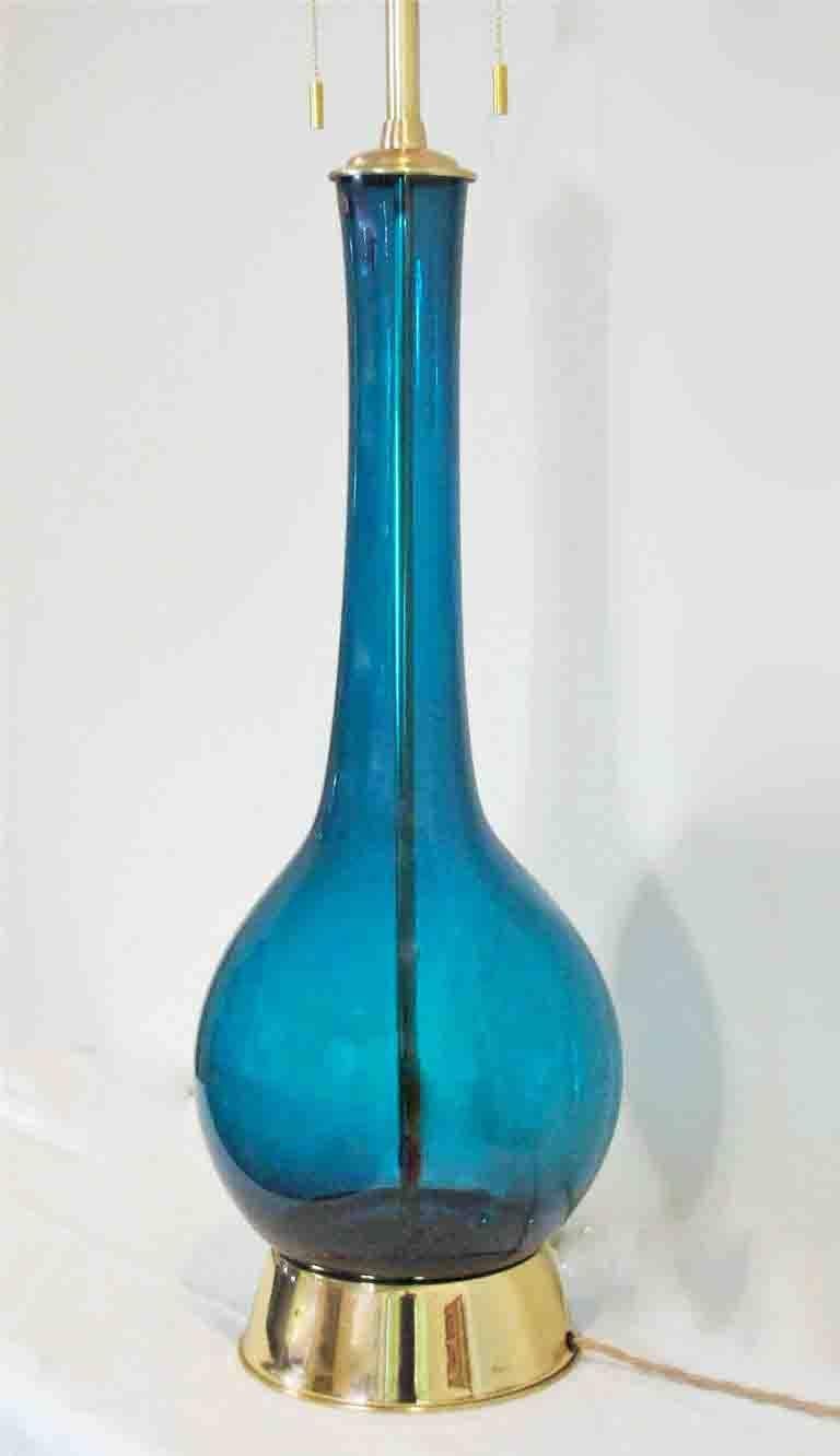 Large Marbro Swedish Teal Glass Table Lamp In Excellent Condition In Palm Springs, CA