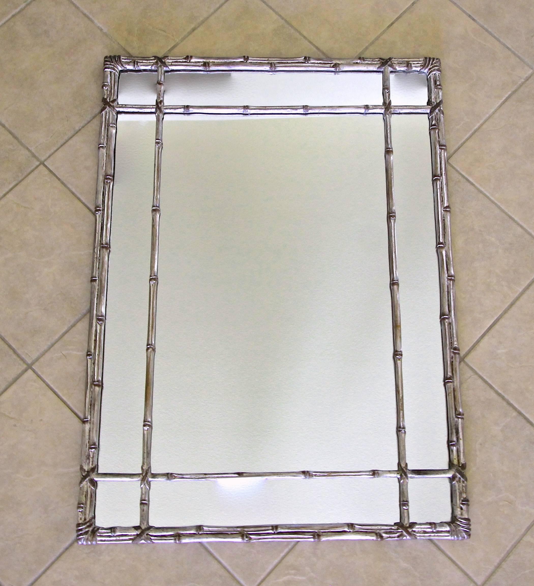 Mid-20th Century Large Italian Carved Silver Gilt Faux Bamboo Wall Mirror