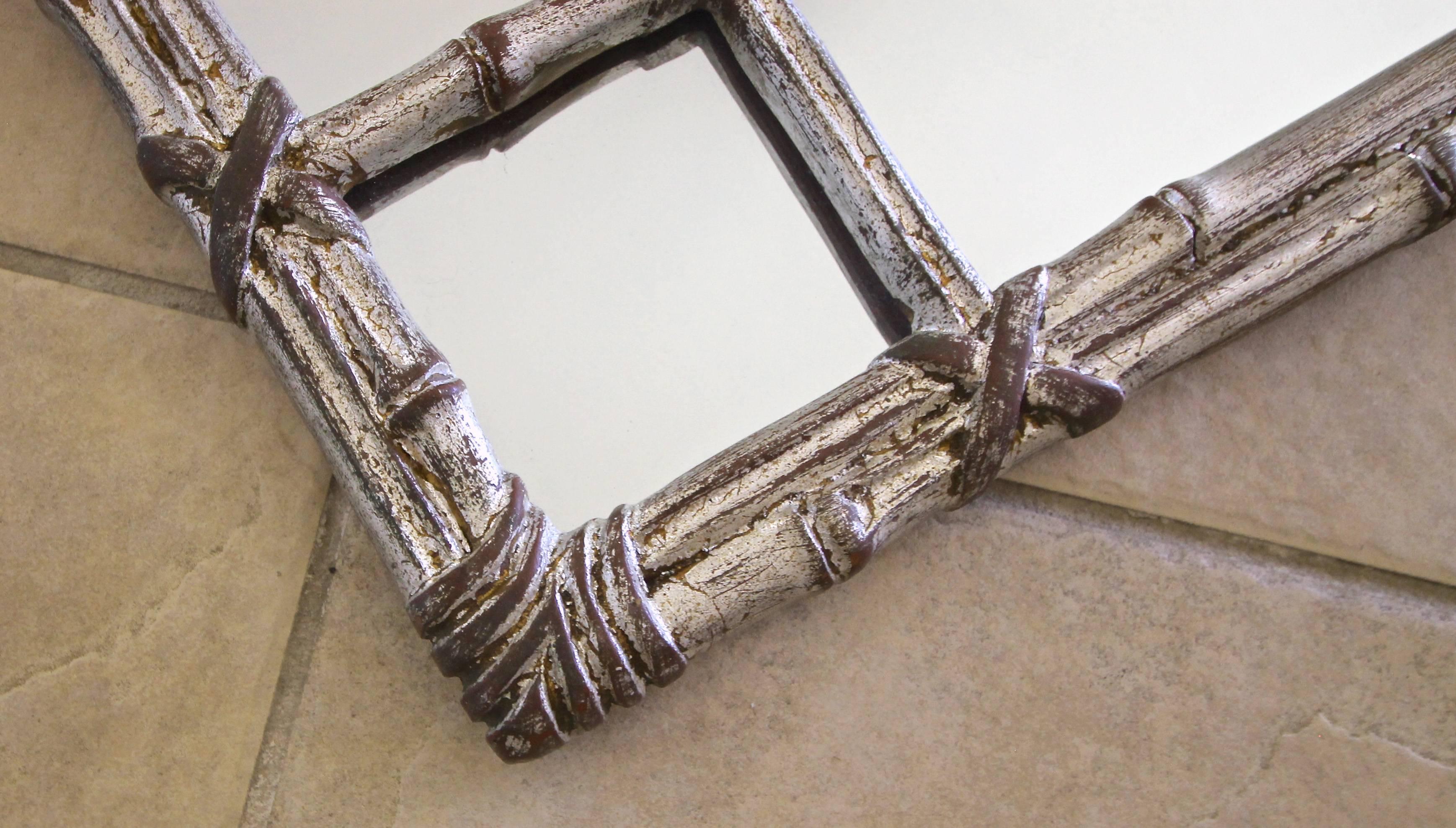 Large Italian Carved Silver Gilt Faux Bamboo Wall Mirror 1