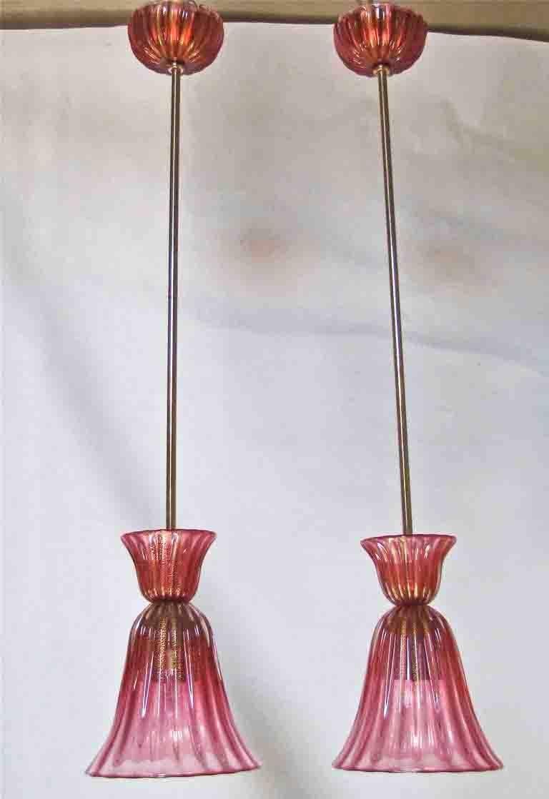 Pair Murano Seguso Cranberry Red and Gold Ceiling Light Pendants In Excellent Condition In Palm Springs, CA