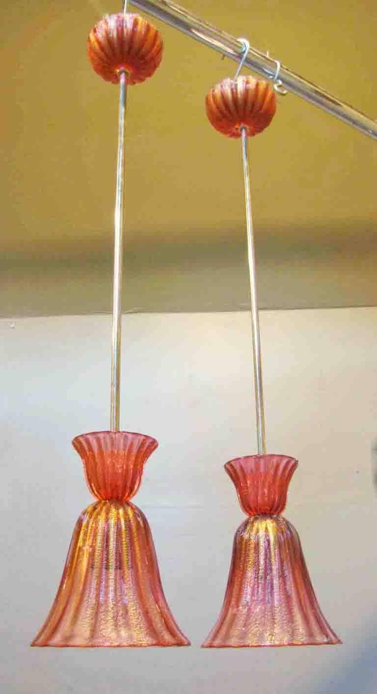 Pair Murano Seguso Cranberry Red and Gold Ceiling Light Pendants 1