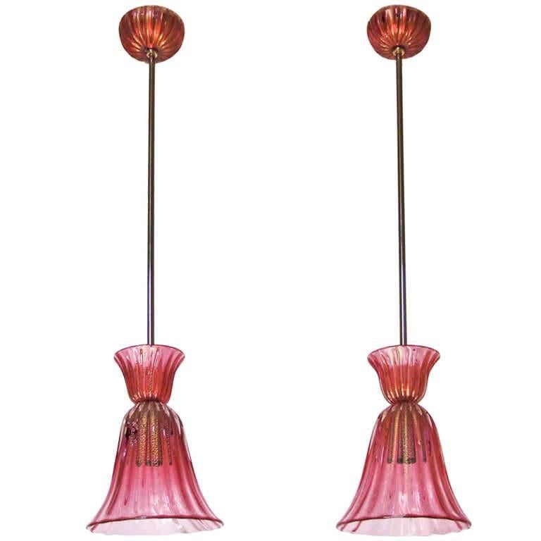 Pair Murano Seguso Cranberry Red and Gold Ceiling Light Pendants 4