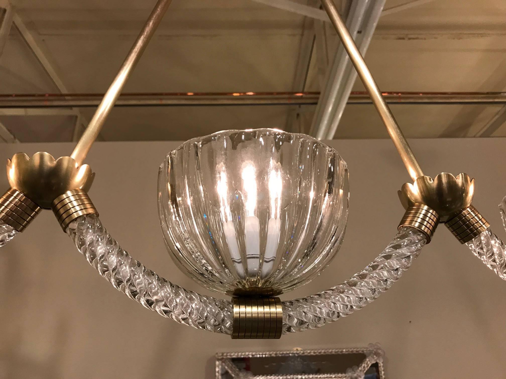 Brass Barovier Murano Glass Three-Light Chandelier or Pendant