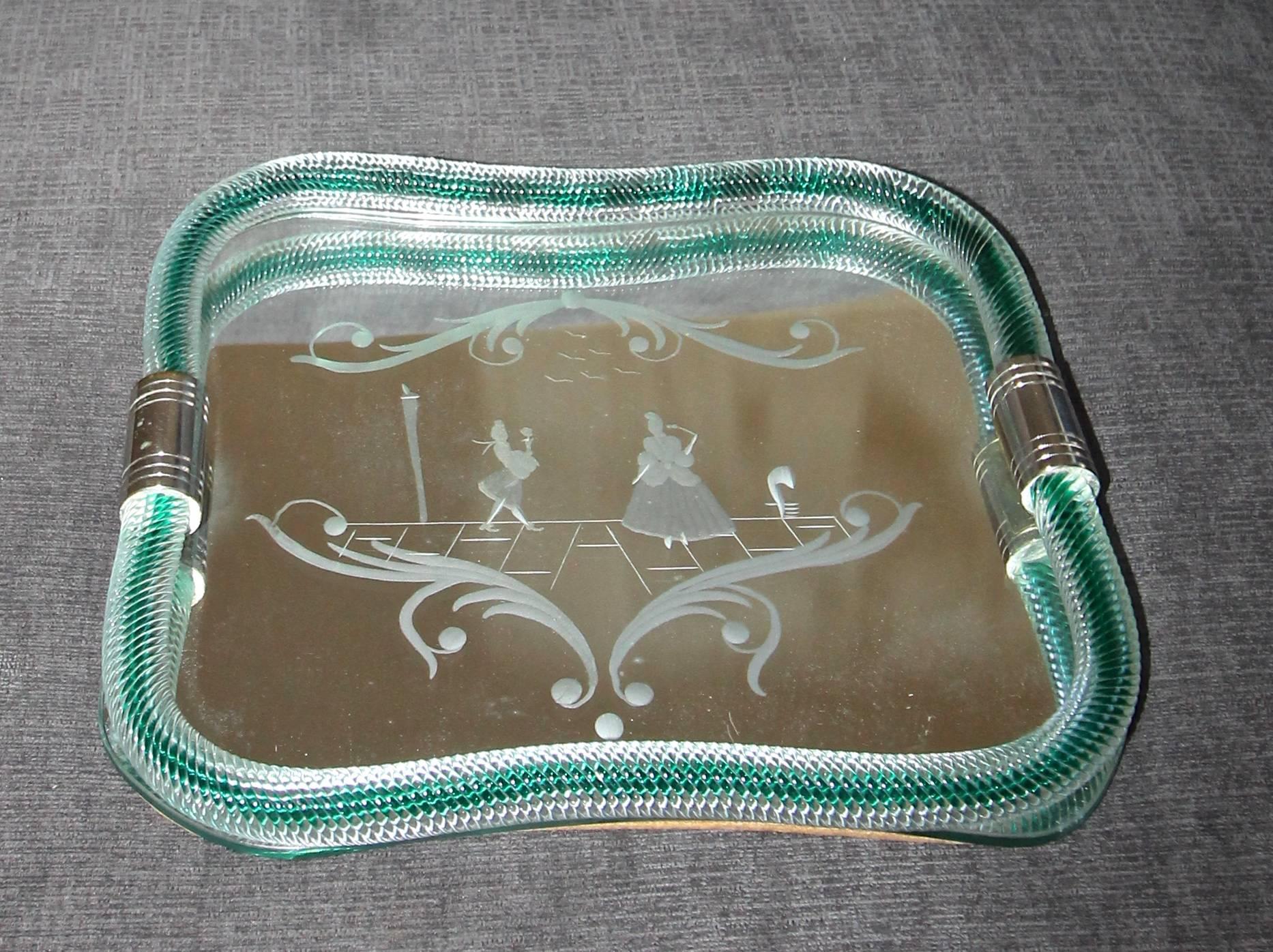 Murano finely twisted clear glass and emerald green rope vanity tray. Tray has nickel plated fittings and mirrored glass with classical etched figures.