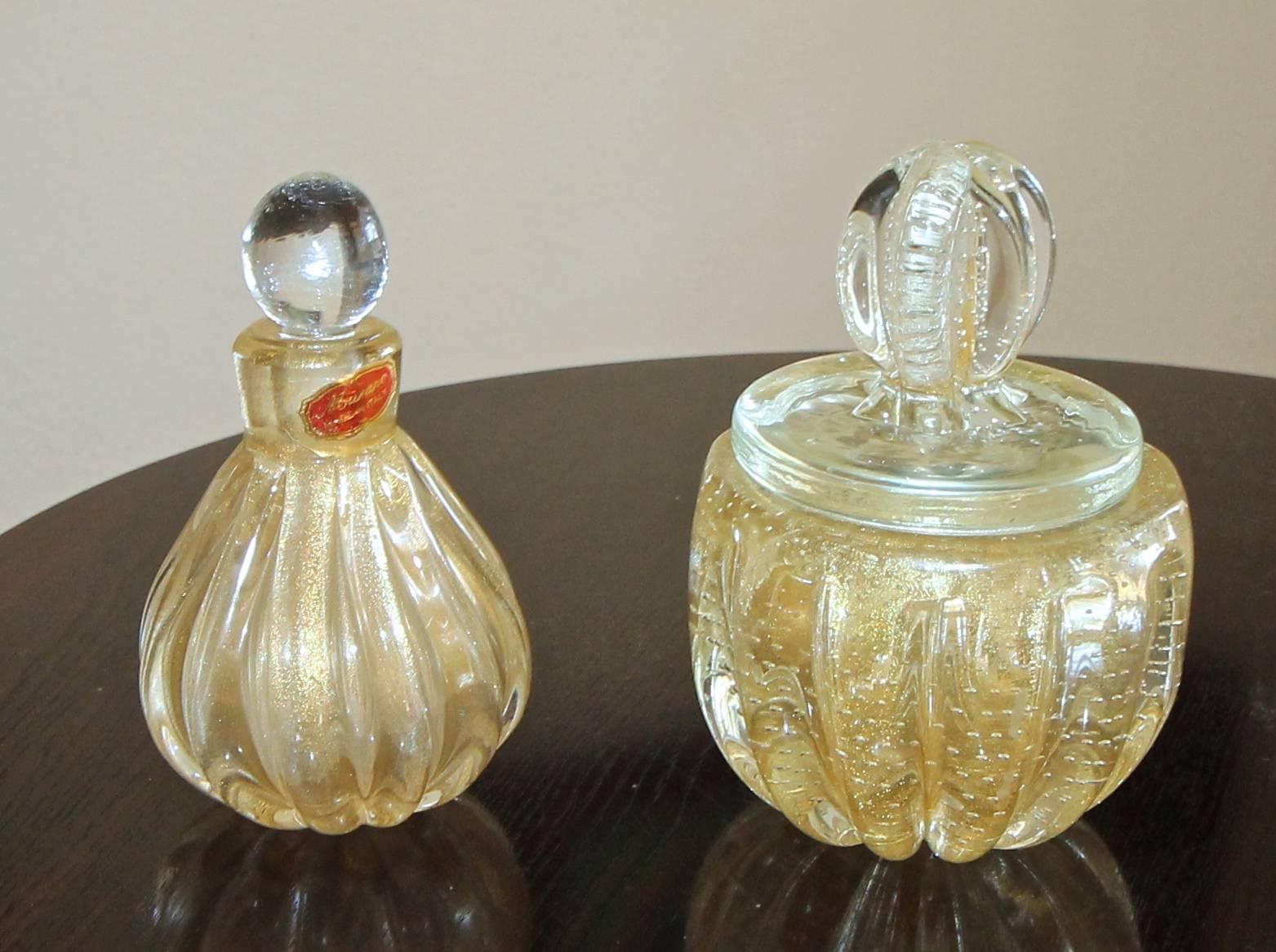 Set Murano Gold Controlled Bubbles Perfume Bottle and Powder Lid Jar In Excellent Condition In Palm Springs, CA