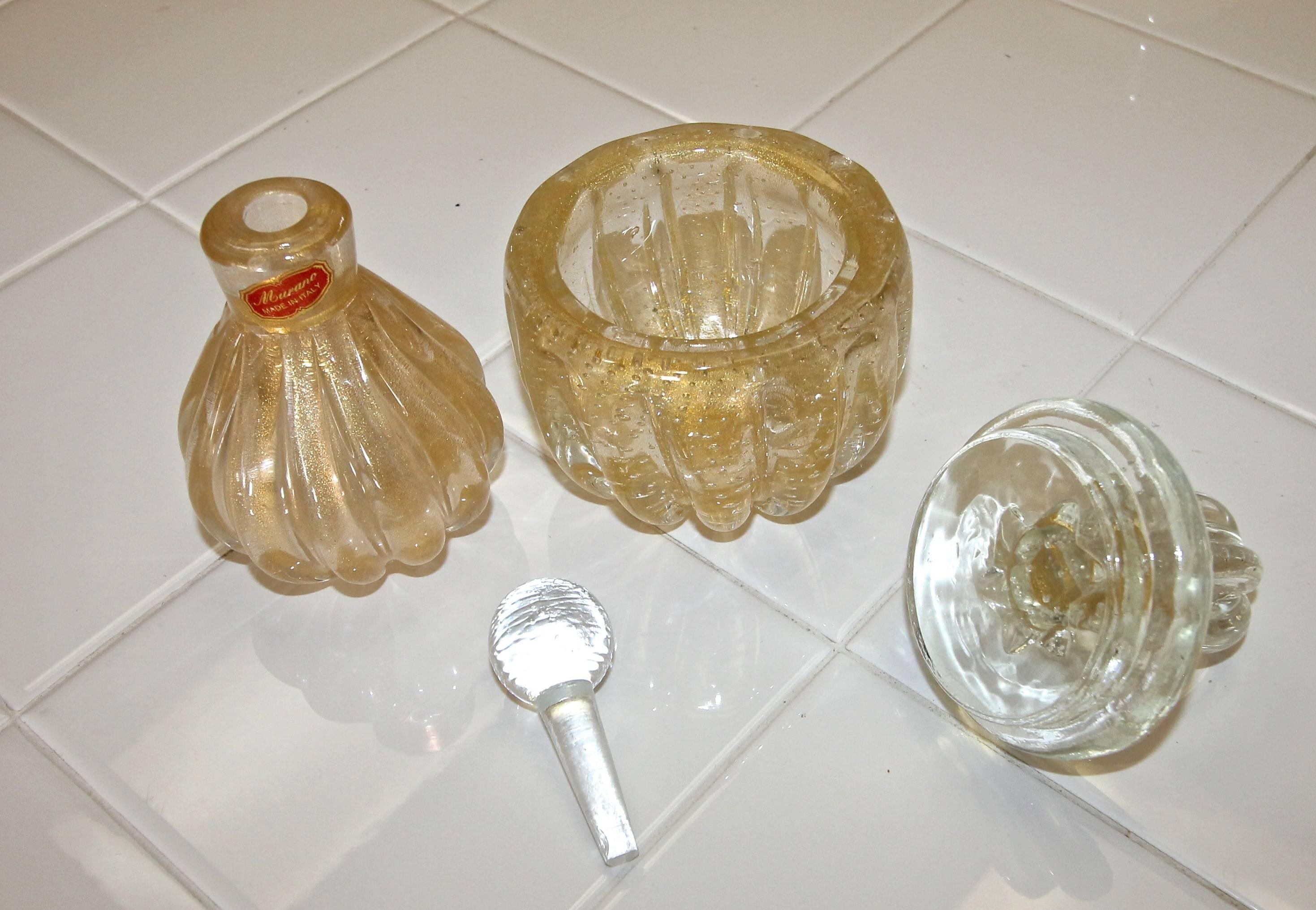 Set Murano Gold Controlled Bubbles Perfume Bottle and Powder Lid Jar 1