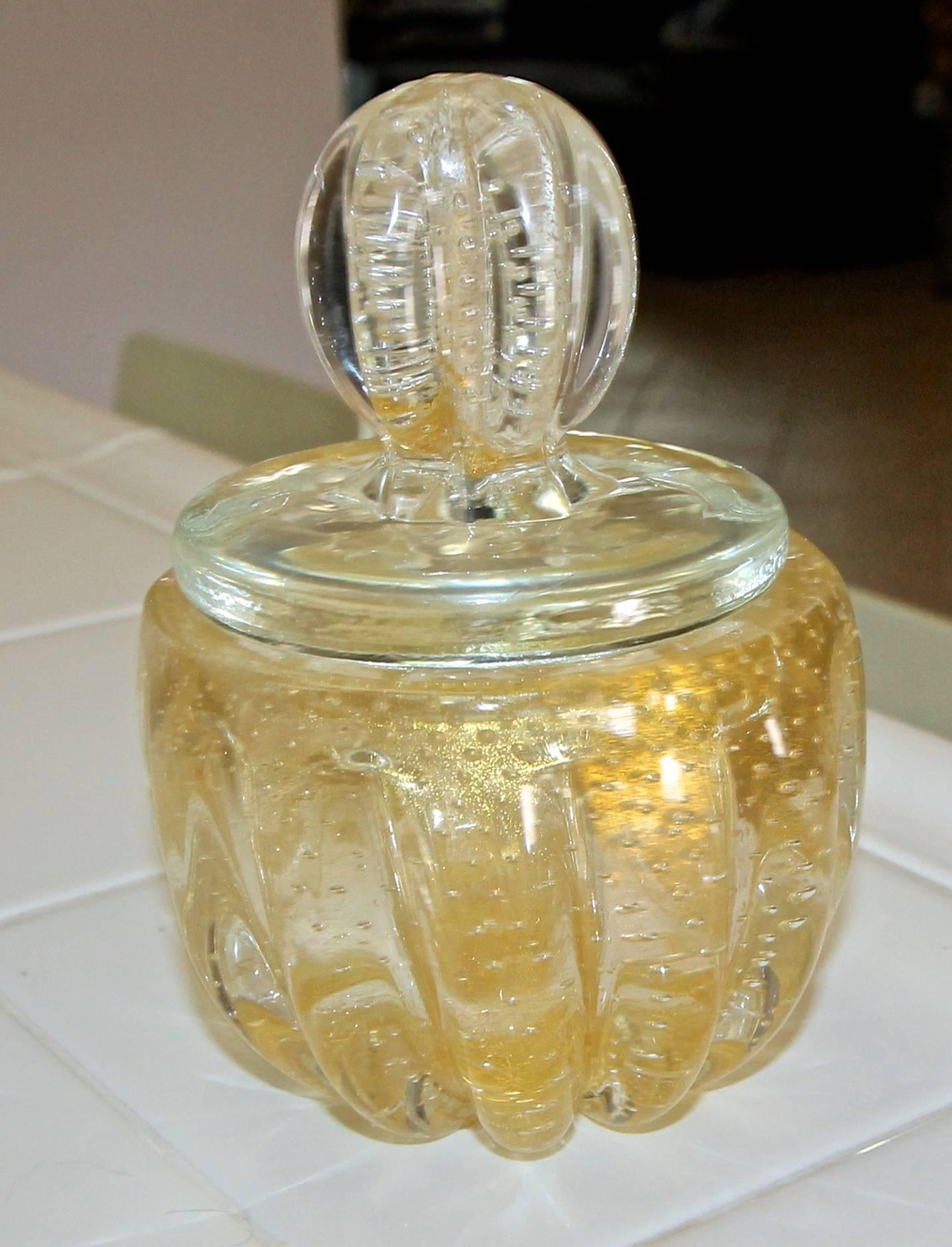 Glass Set Murano Gold Controlled Bubbles Perfume Bottle and Powder Lid Jar