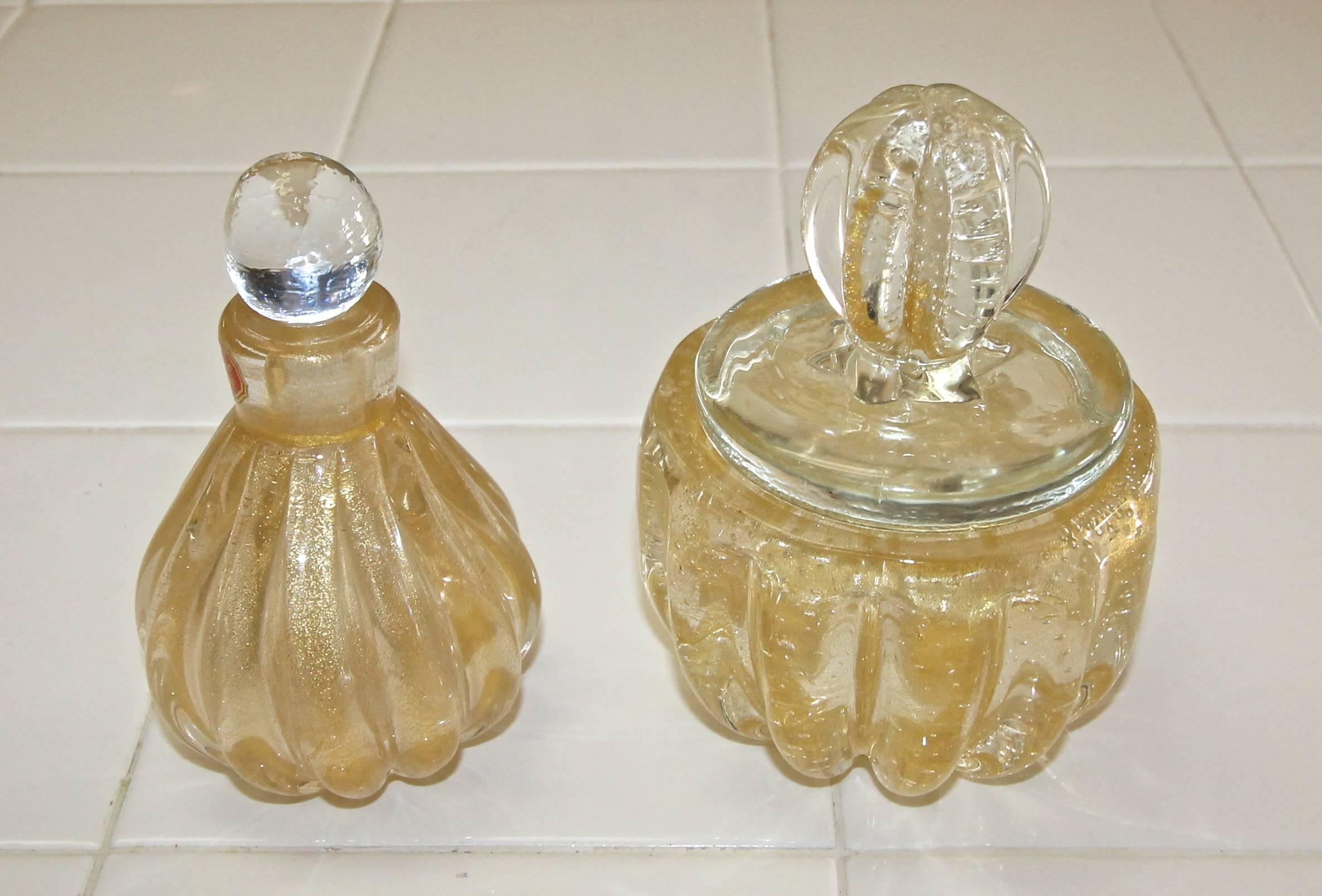 Italian Set Murano Gold Controlled Bubbles Perfume Bottle and Powder Lid Jar