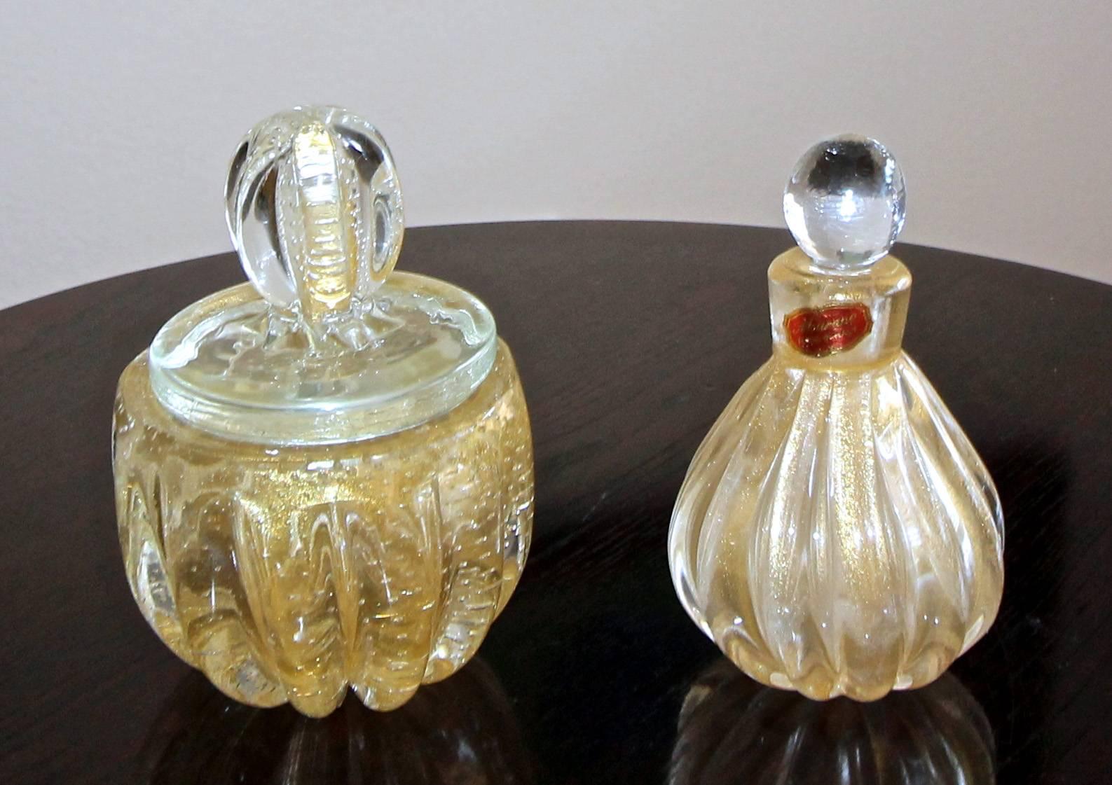 Set Murano Gold Controlled Bubbles Perfume Bottle and Powder Lid Jar 3