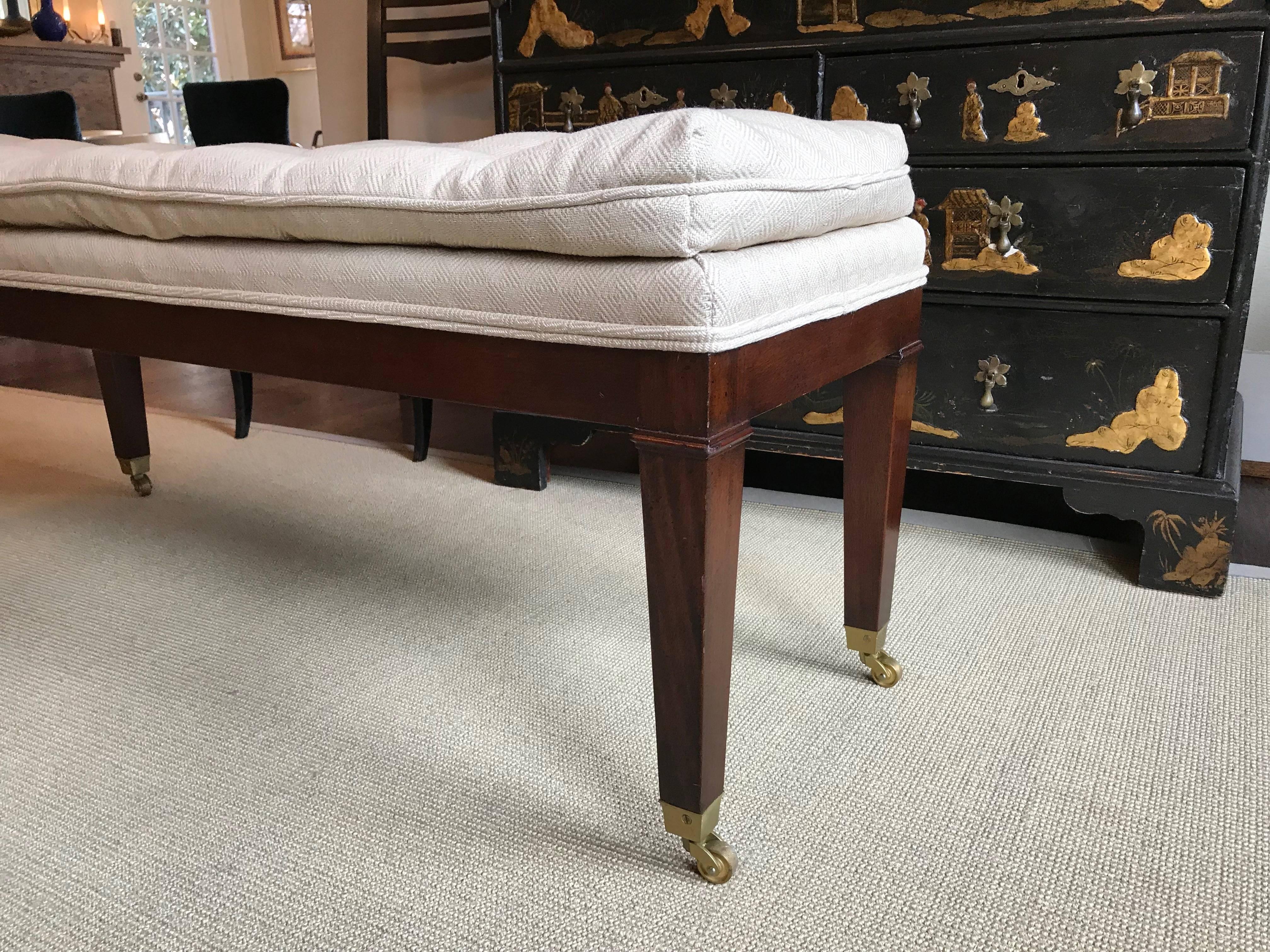 Upholstered Mahogany Long Bench with Brass Casters In Good Condition In Dallas, TX