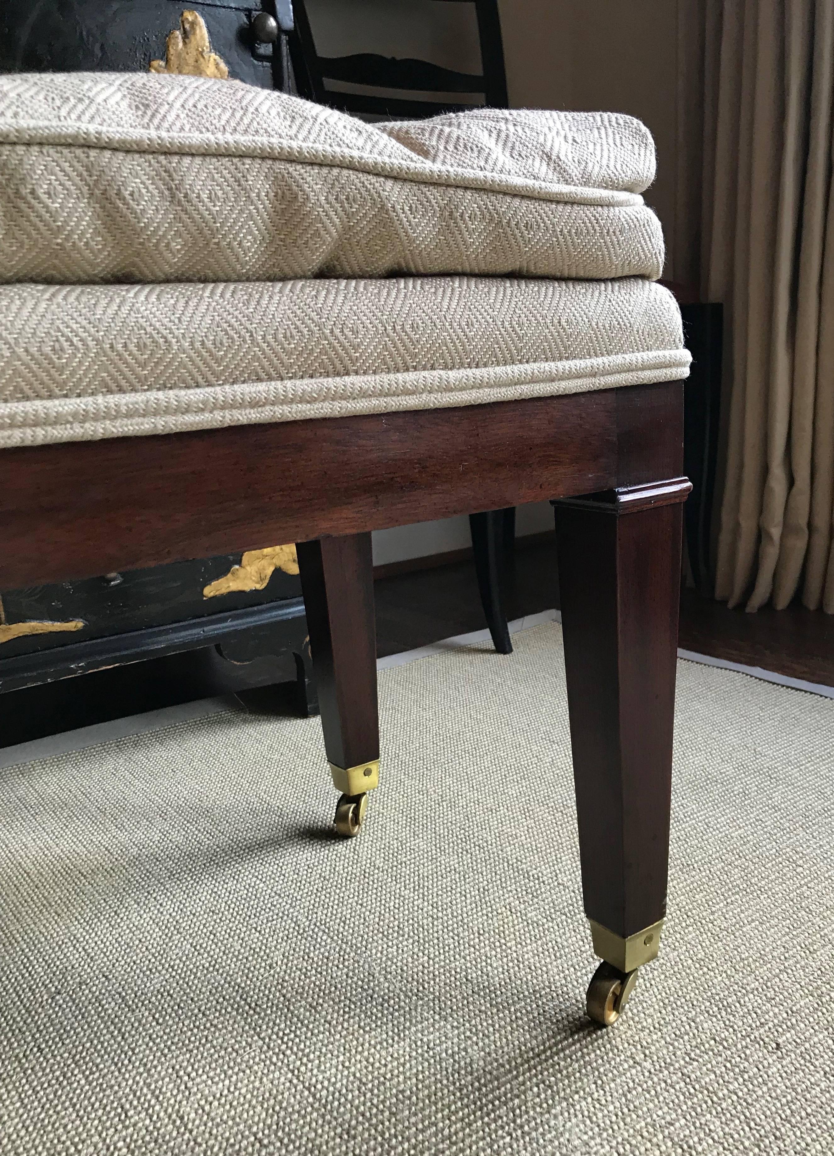 Upholstered Mahogany Long Bench with Brass Casters 1
