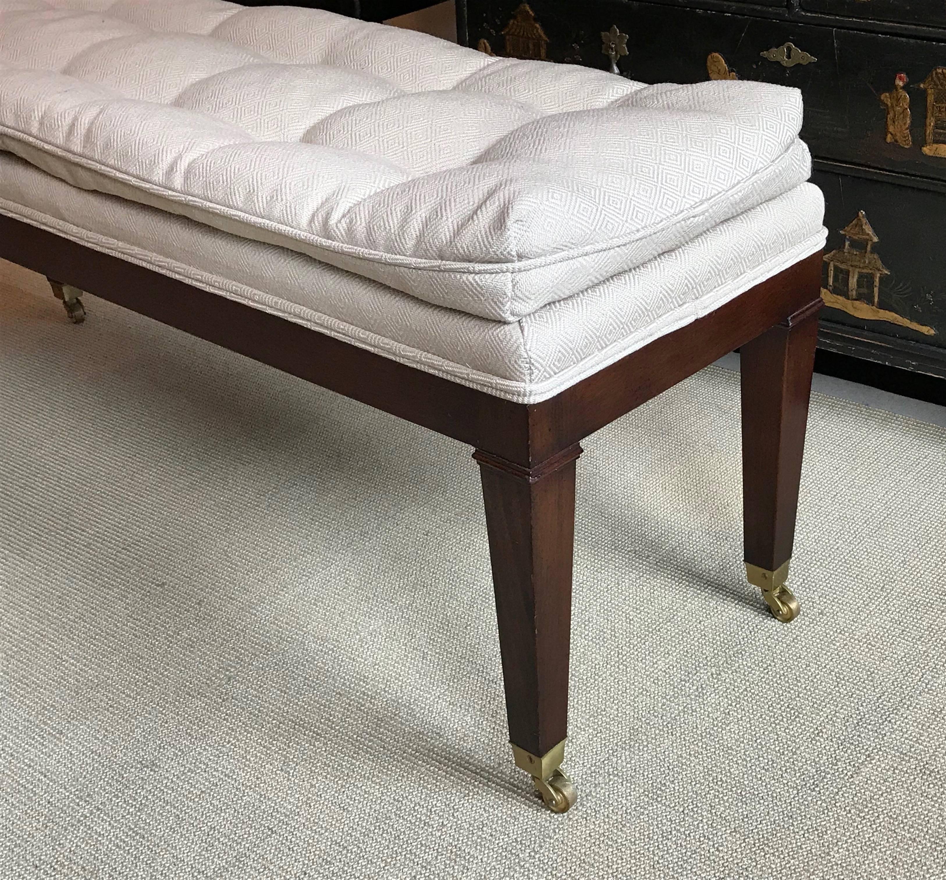 Mid-20th Century Upholstered Mahogany Long Bench with Brass Casters