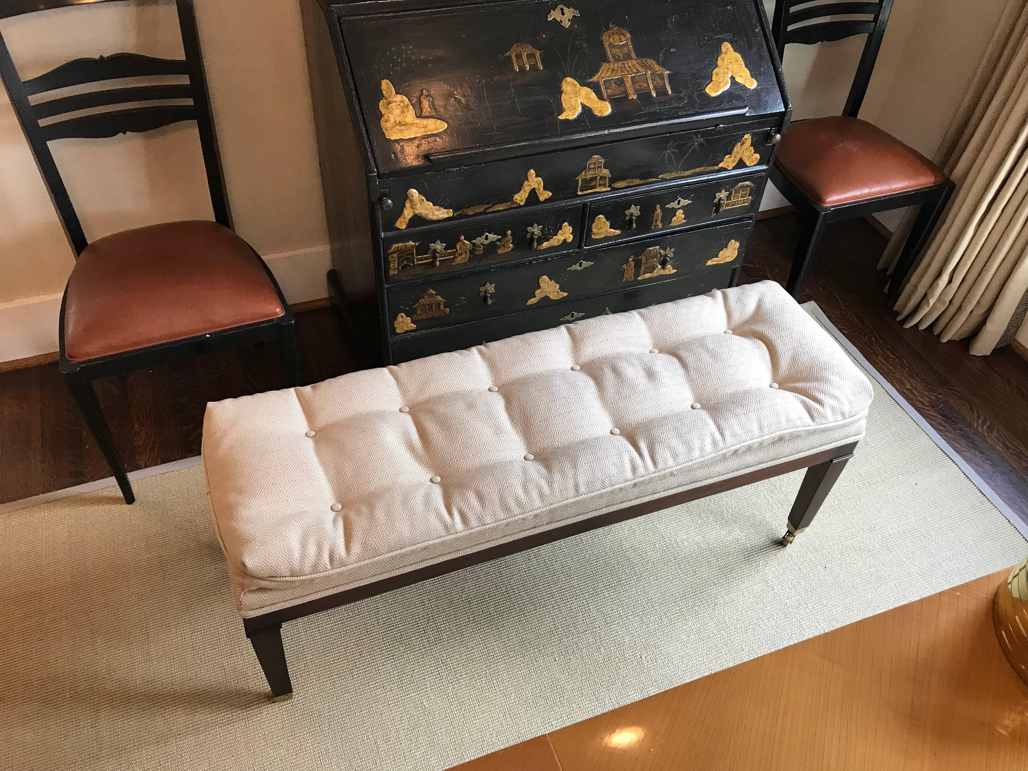 American Upholstered Mahogany Long Bench with Brass Casters