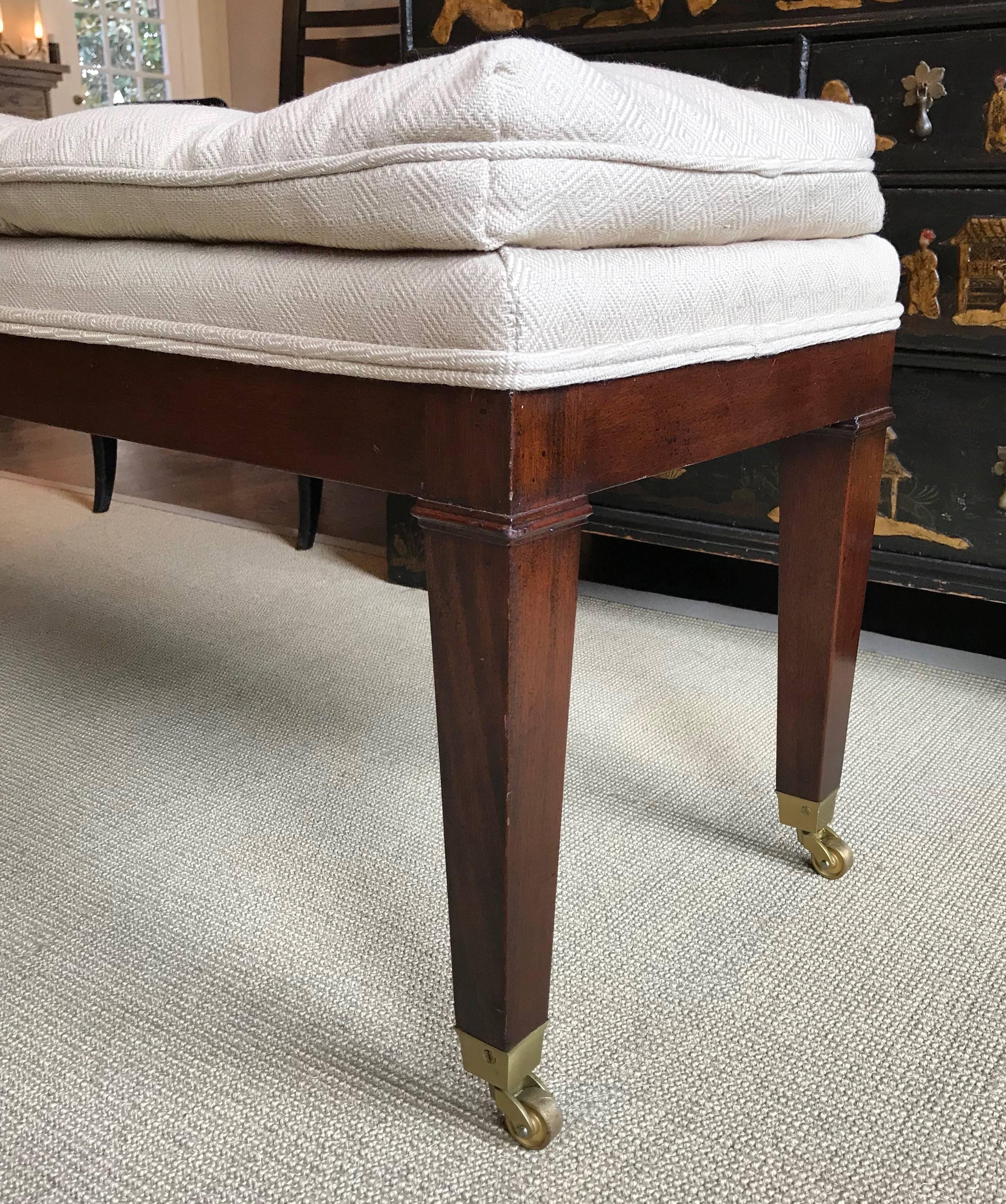 Upholstered Mahogany Long Bench with Brass Casters 2
