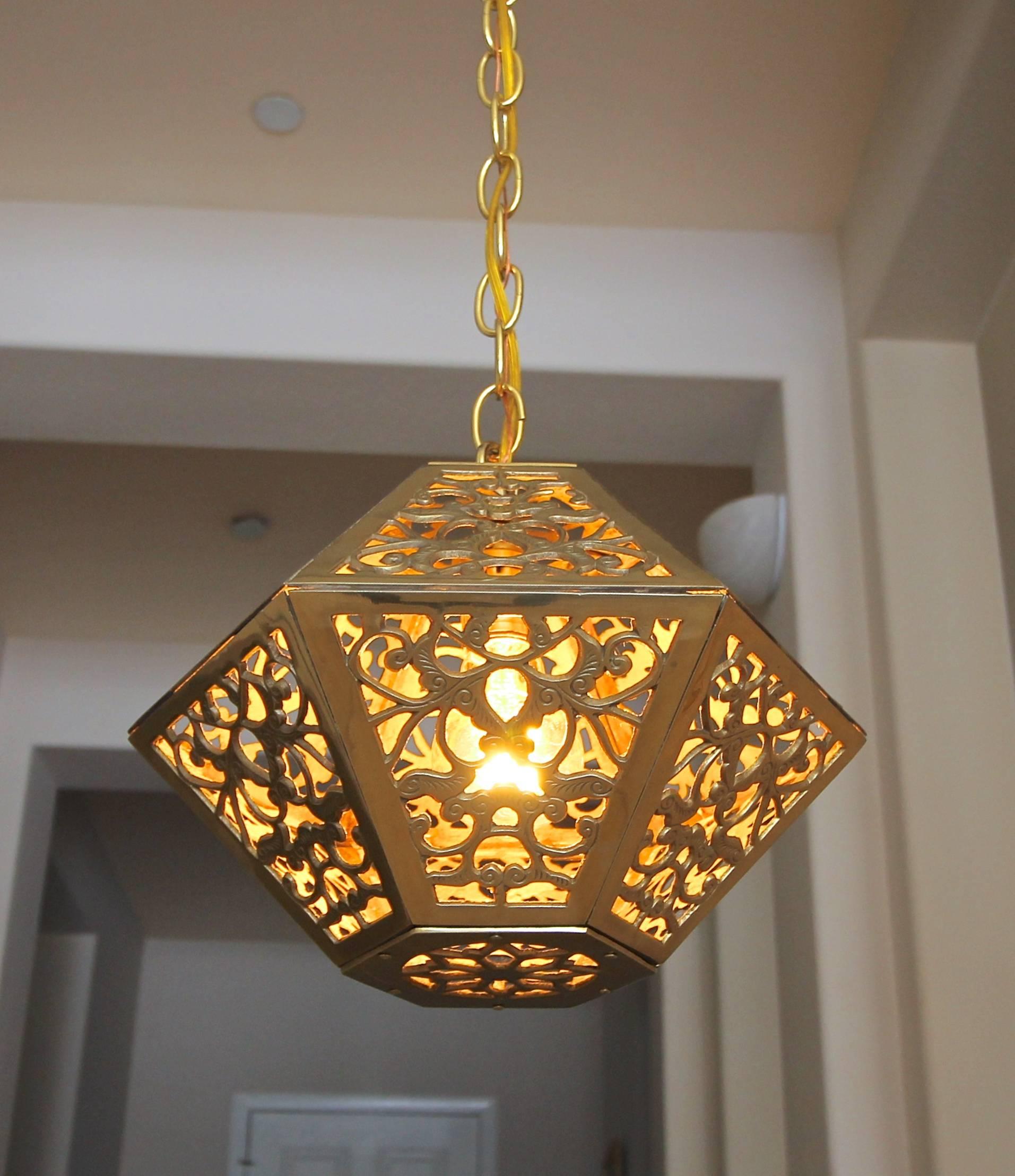 Trio Pierced Brass Asian Hexagon Shaped Ceiling Pendant Lights In Good Condition In Palm Springs, CA
