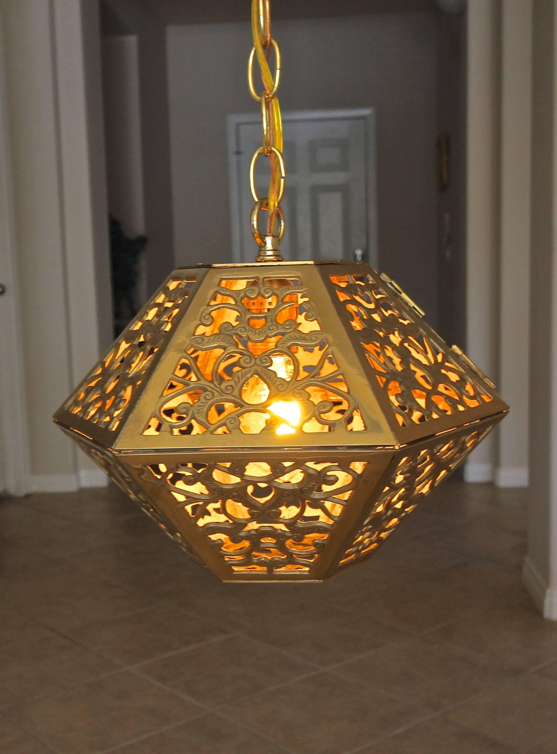 Mid-20th Century Trio Pierced Brass Asian Hexagon Shaped Ceiling Pendant Lights