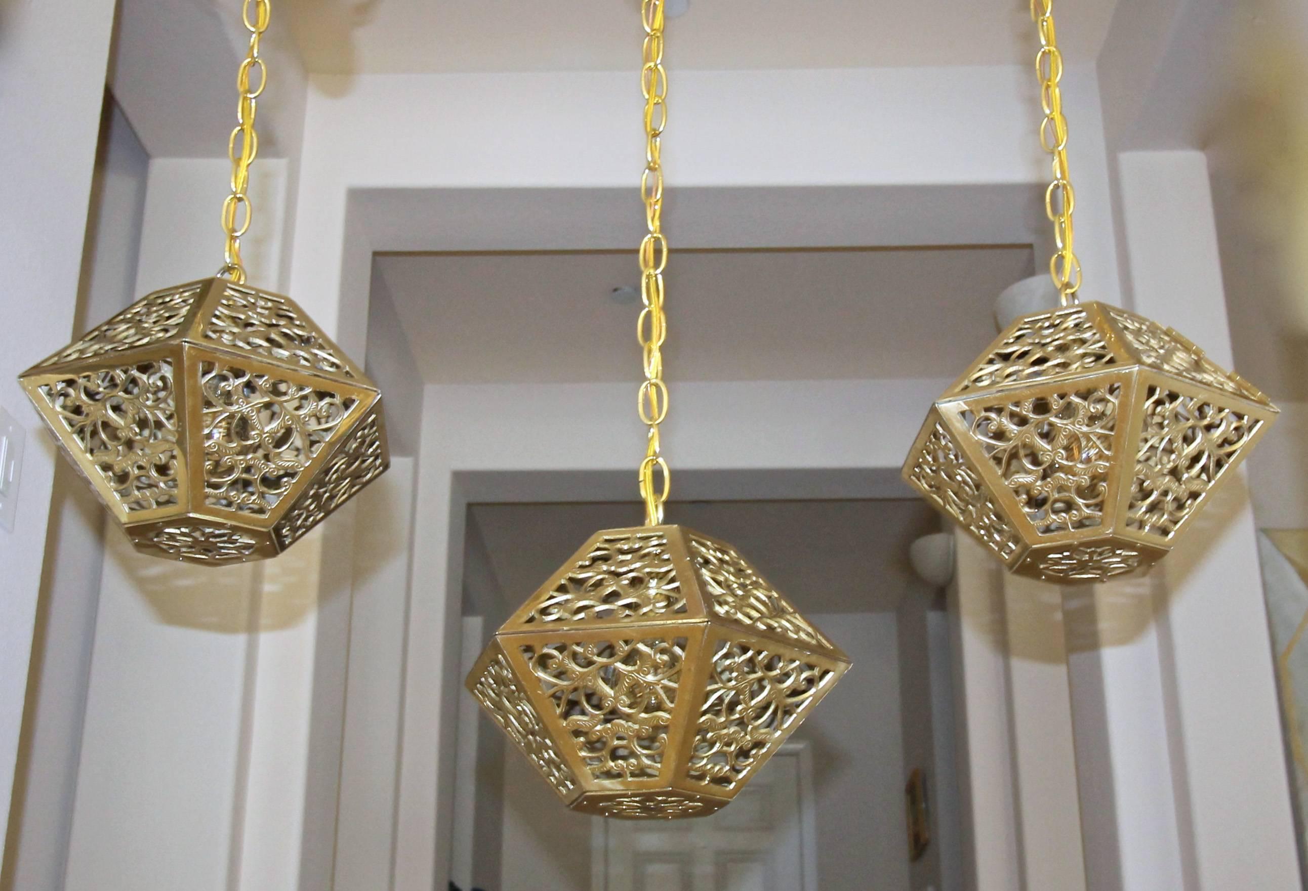 Japanese Trio Pierced Brass Asian Hexagon Shaped Ceiling Pendant Lights