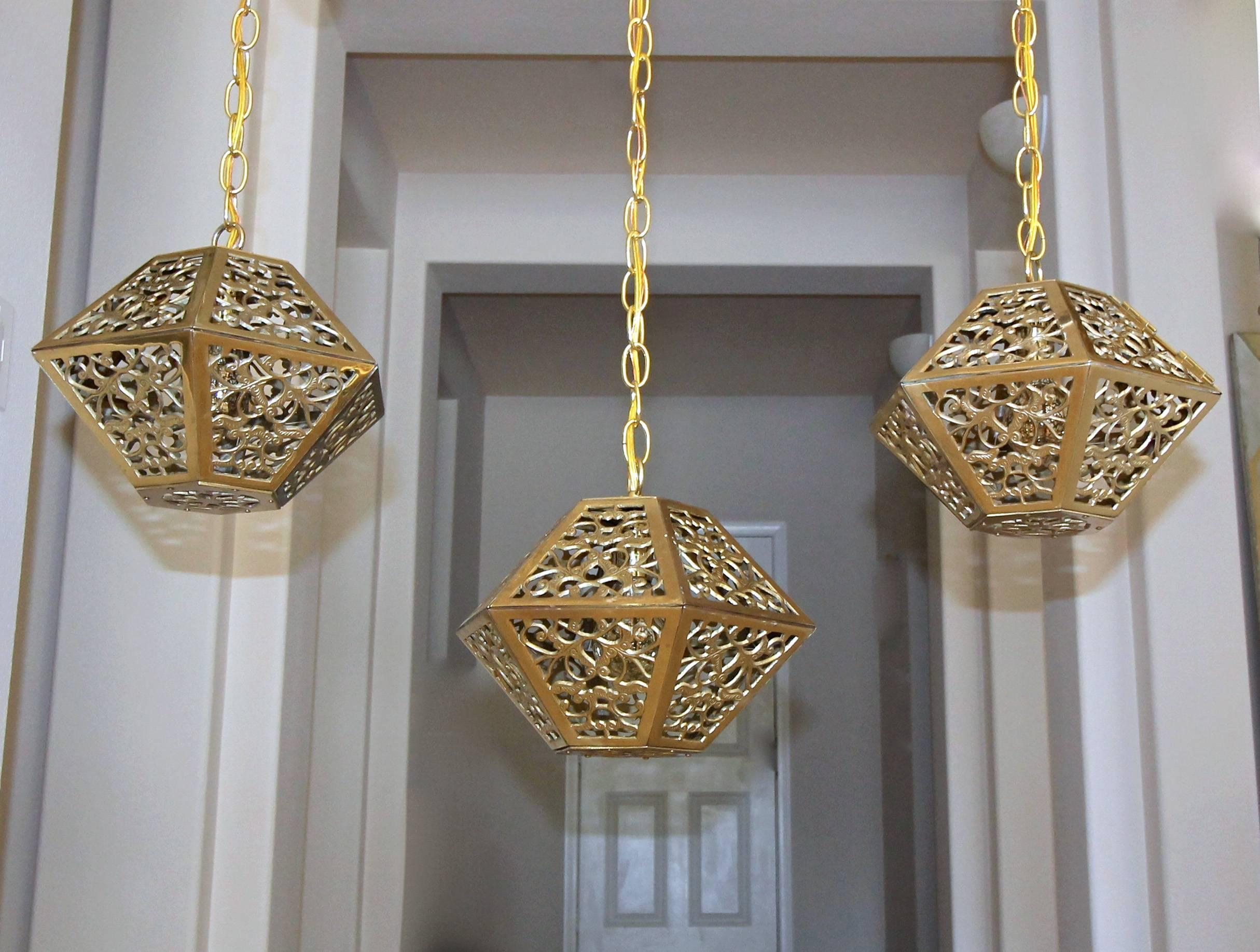 Trio Pierced Brass Asian Hexagon Shaped Ceiling Pendant Lights 3