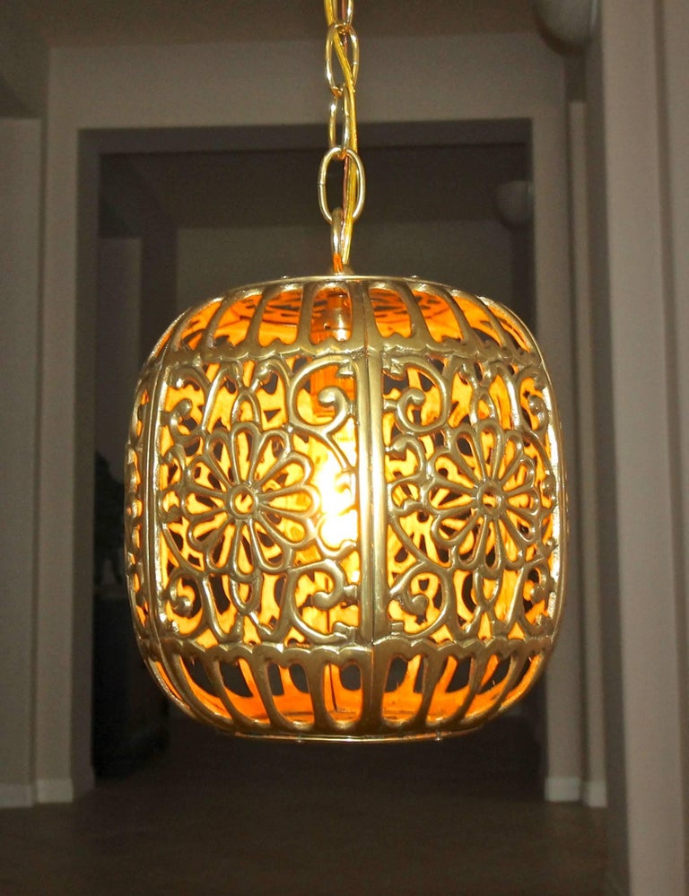 Trio Pierced Brass Asian Ceiling Pendant Lights For Sale at 1stDibs
