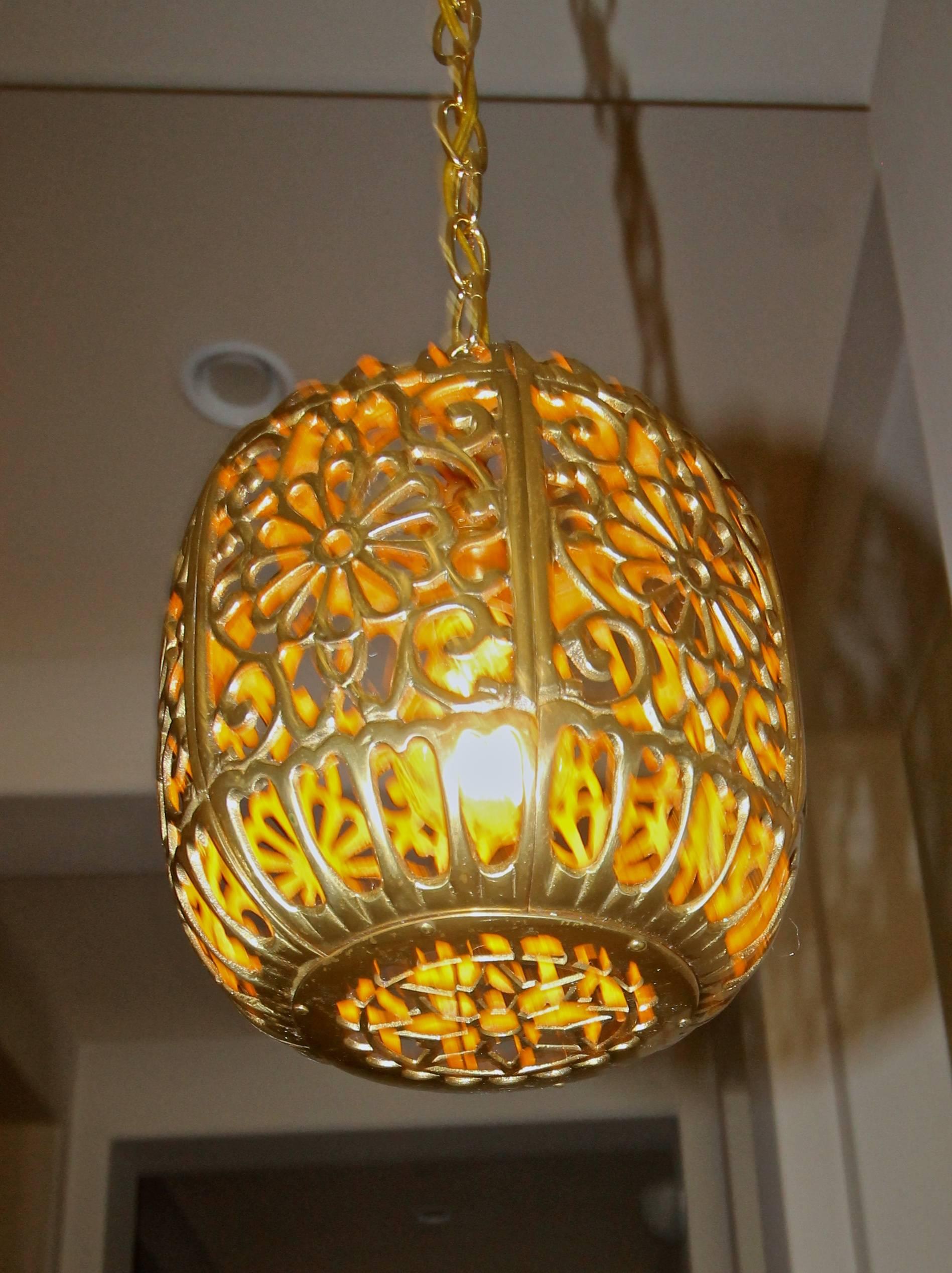 Trio Pierced Brass Asian  Ceiling Pendant Lights In Good Condition For Sale In Palm Springs, CA