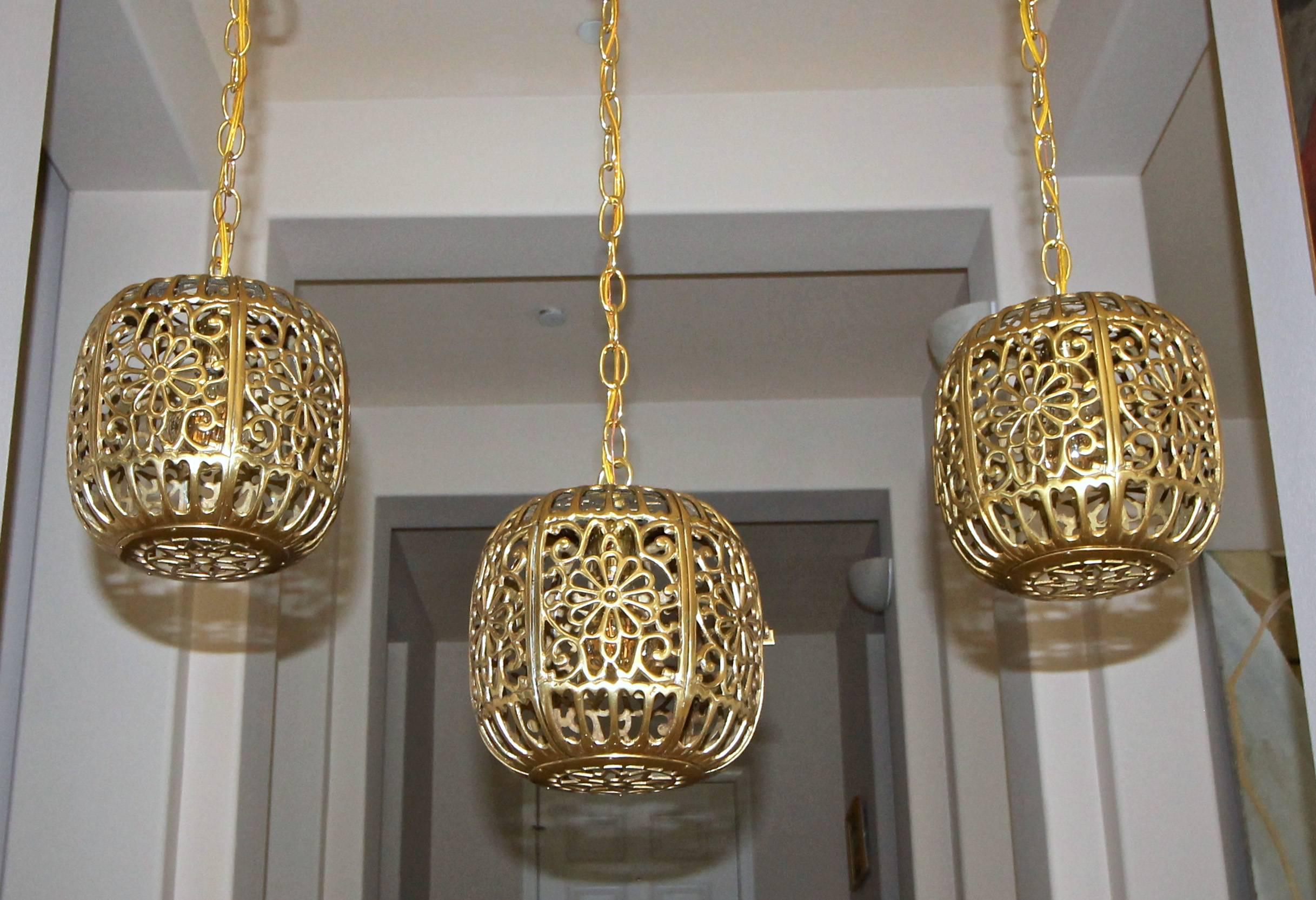 Mid-20th Century Trio Pierced Brass Asian  Ceiling Pendant Lights For Sale