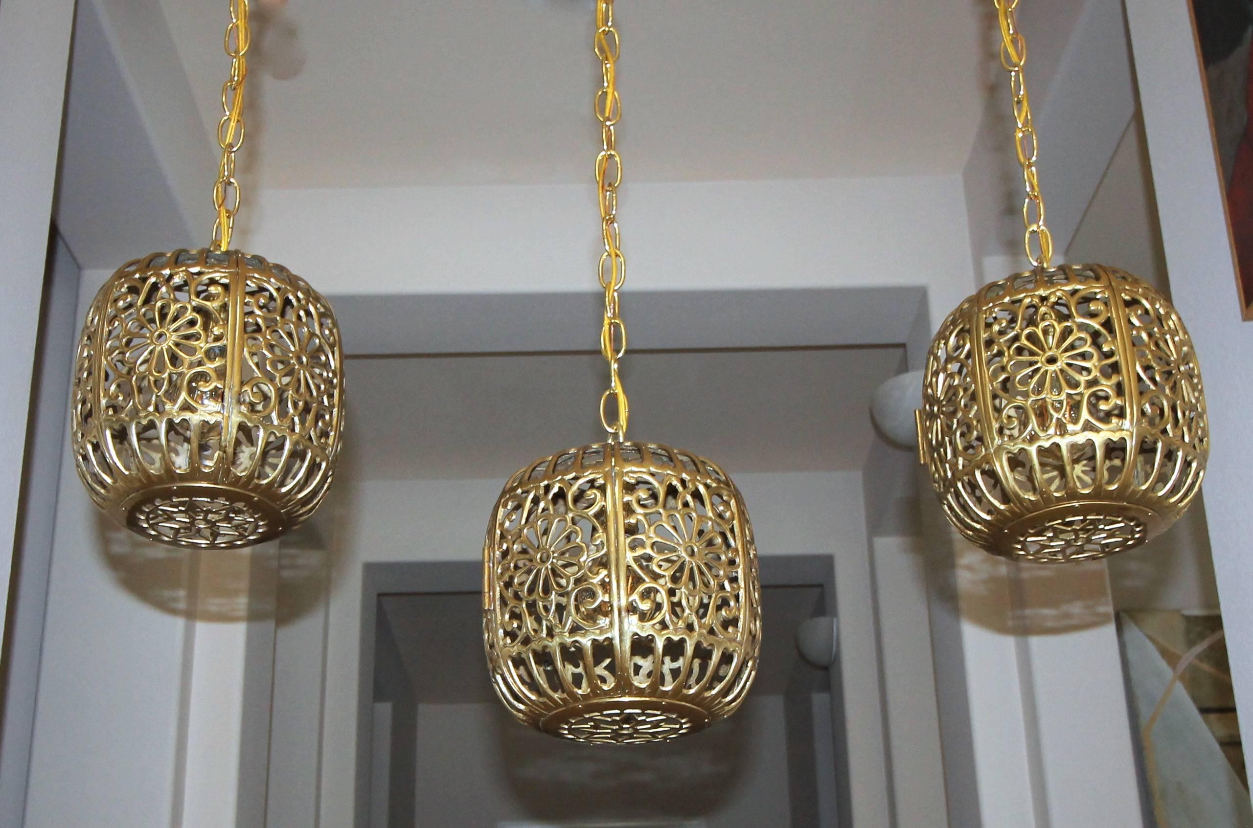 Trio Pierced Brass Asian  Ceiling Pendant Lights For Sale 3