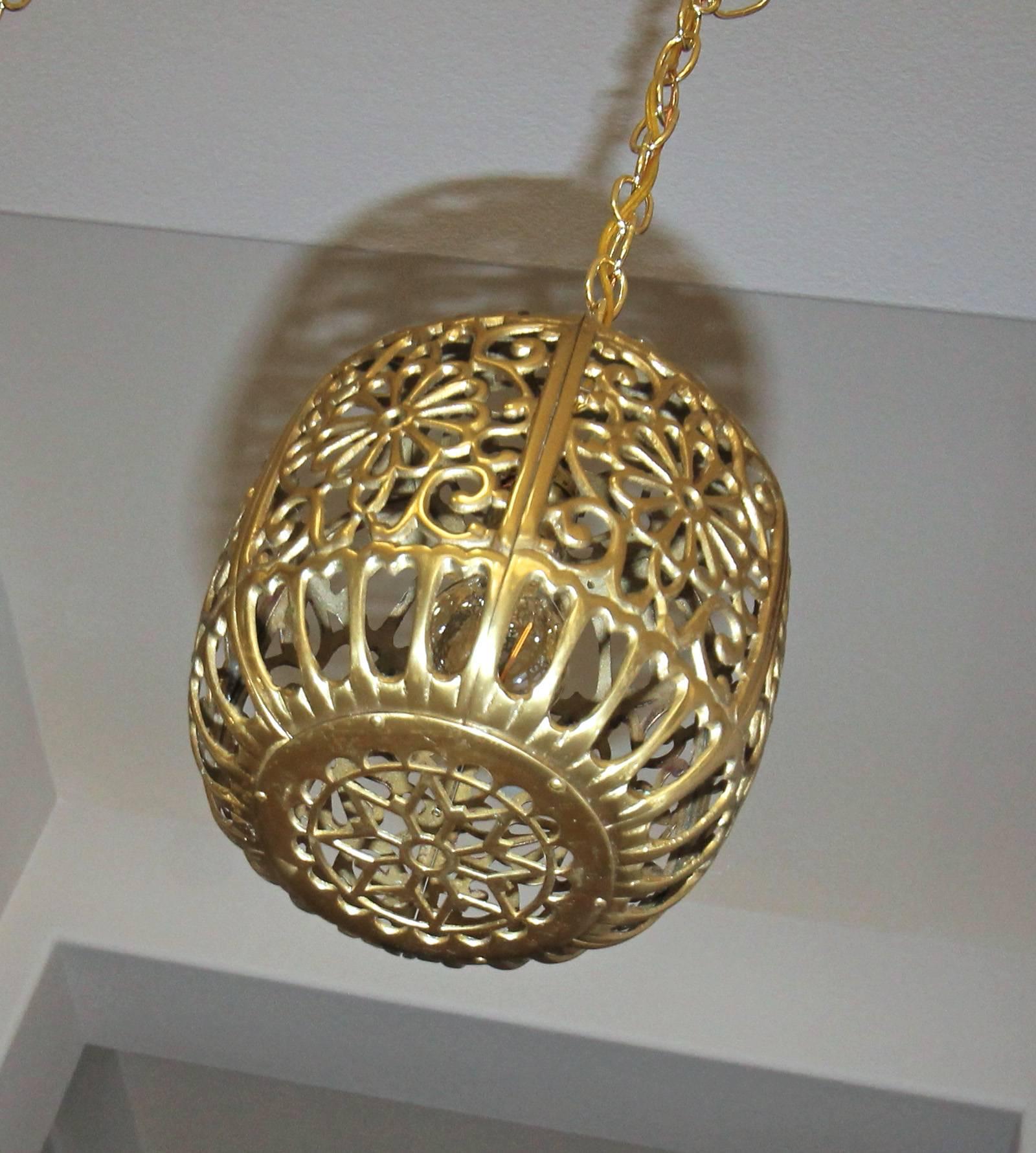 Japanese Trio Pierced Brass Asian  Ceiling Pendant Lights For Sale