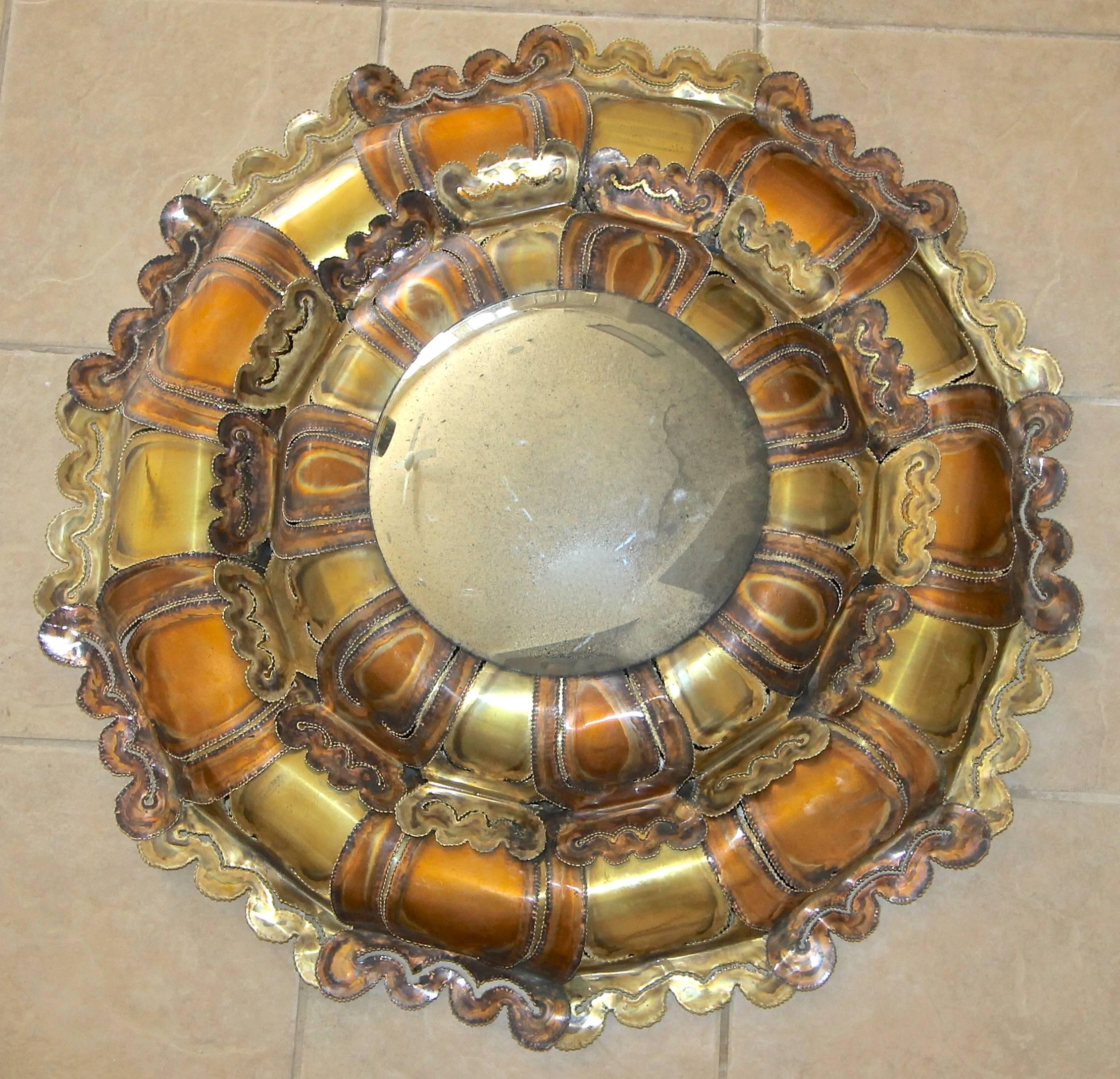 American Brutalist Mixed Metal Sunburst Convex Wall Art Mirror For Sale