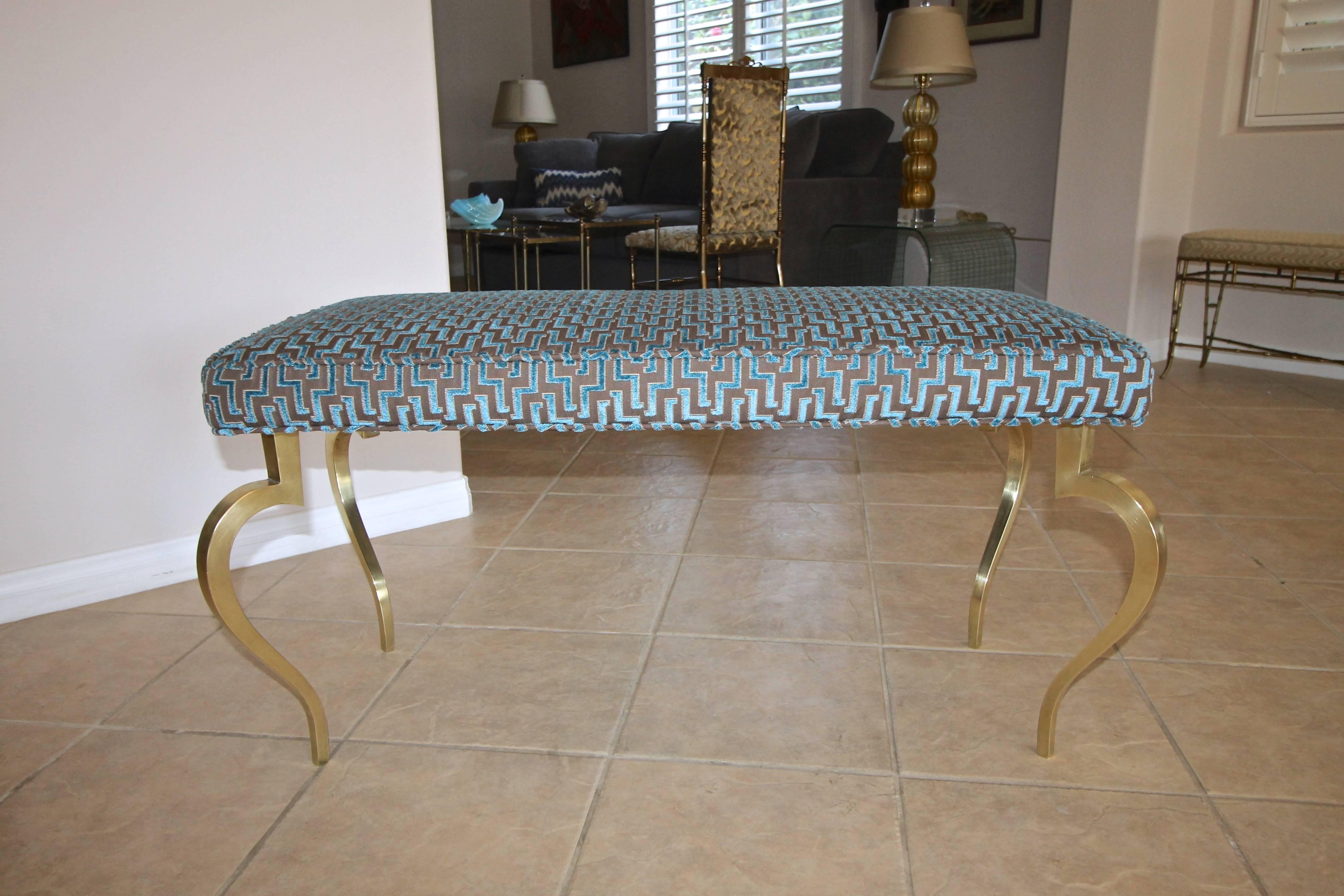 Upholstery Italian Mid Century Modernist Cabriole Leg Brass Bench For Sale