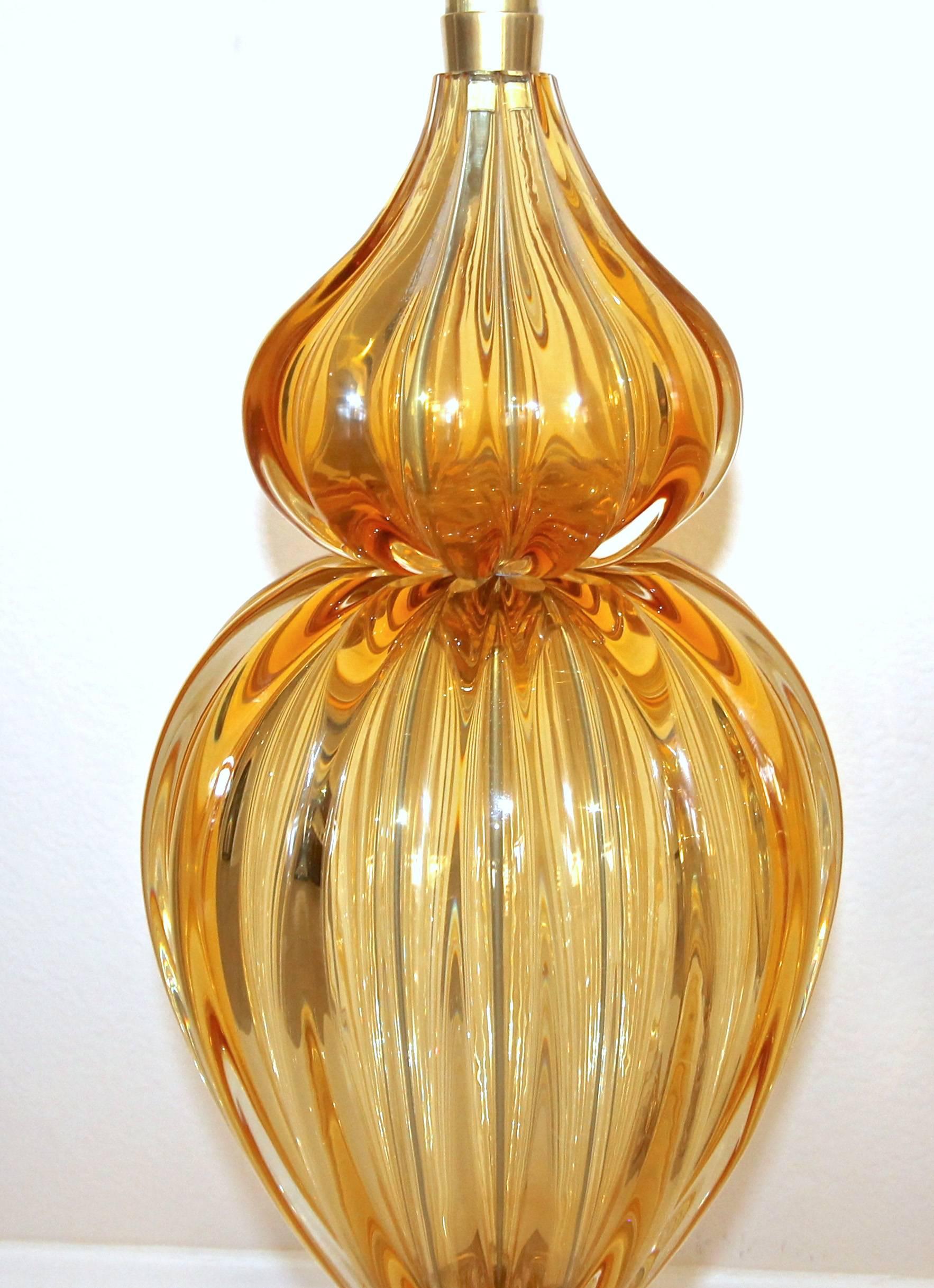 Brass Pair of Large Marbro Seguso Murano Golden Amber Table Lamps