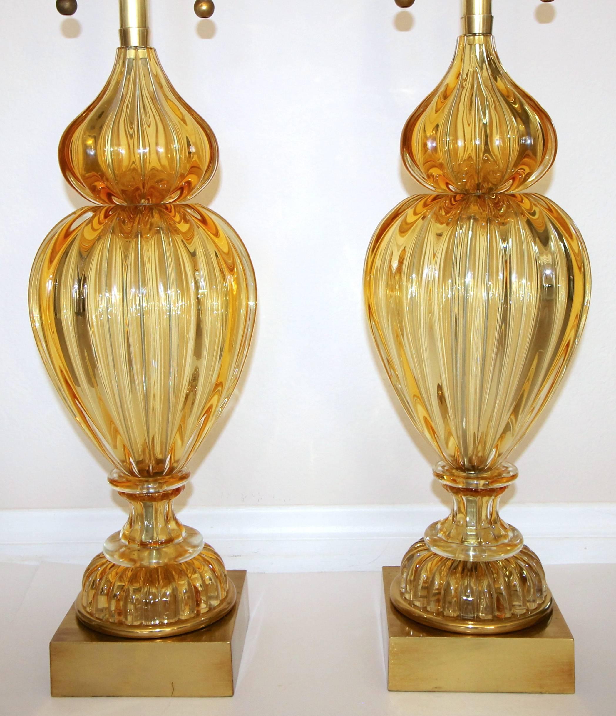 Pair of Large Marbro Seguso Murano Golden Amber Table Lamps In Good Condition In Palm Springs, CA